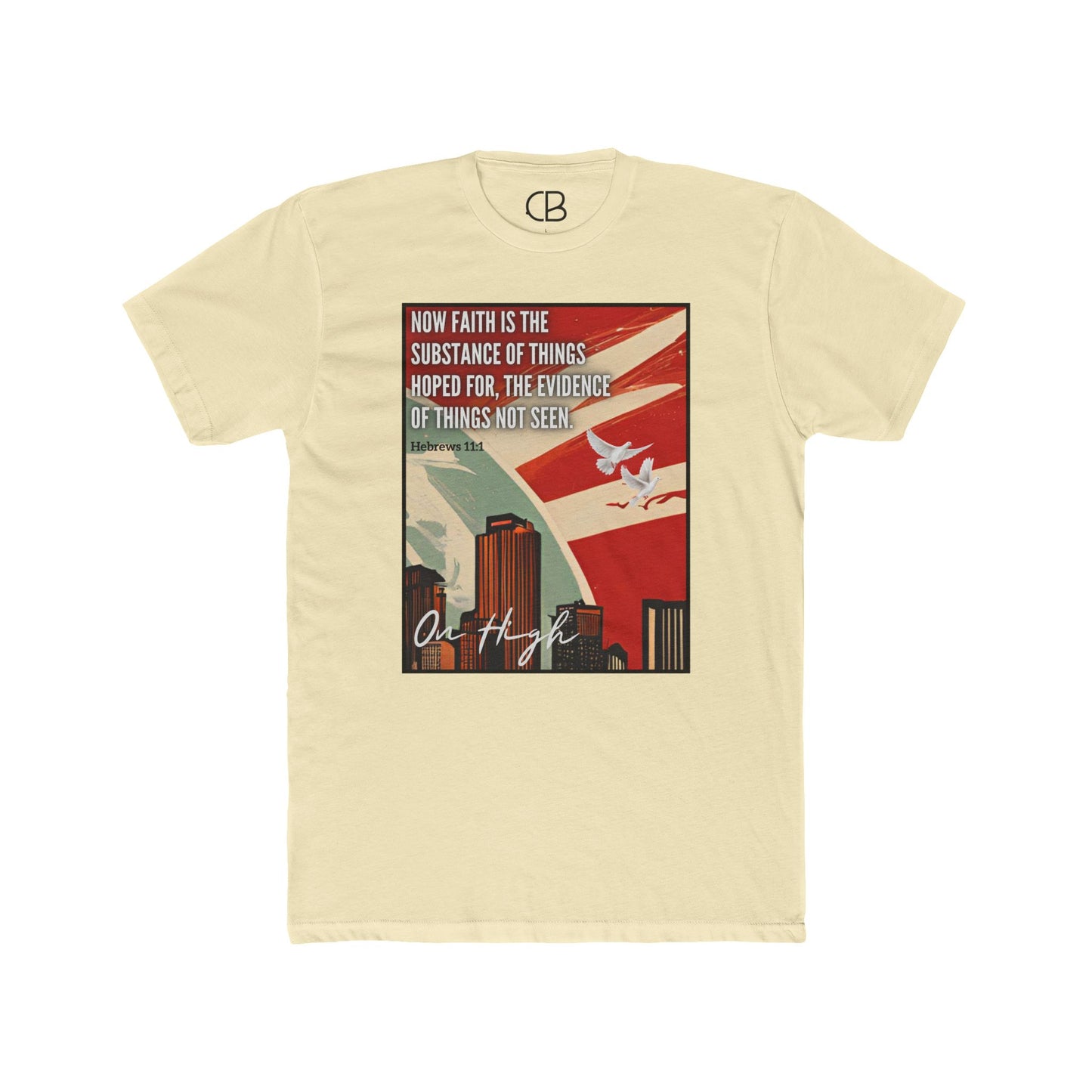 Solid Natural Faith In The Unseen T-shirt featuring a vintage-inspired city skyline with a dove and Hebrews 11:1 scripture artwork on the front.