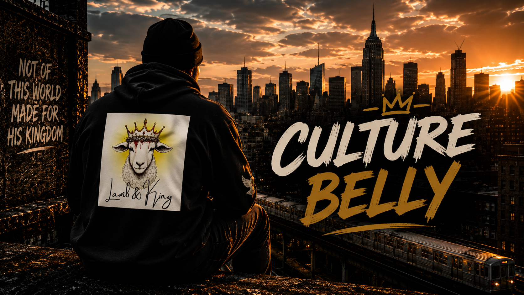 Culture Belly Lamb & King faith-inspired hoodie overlooking the New York City skyline at sunset