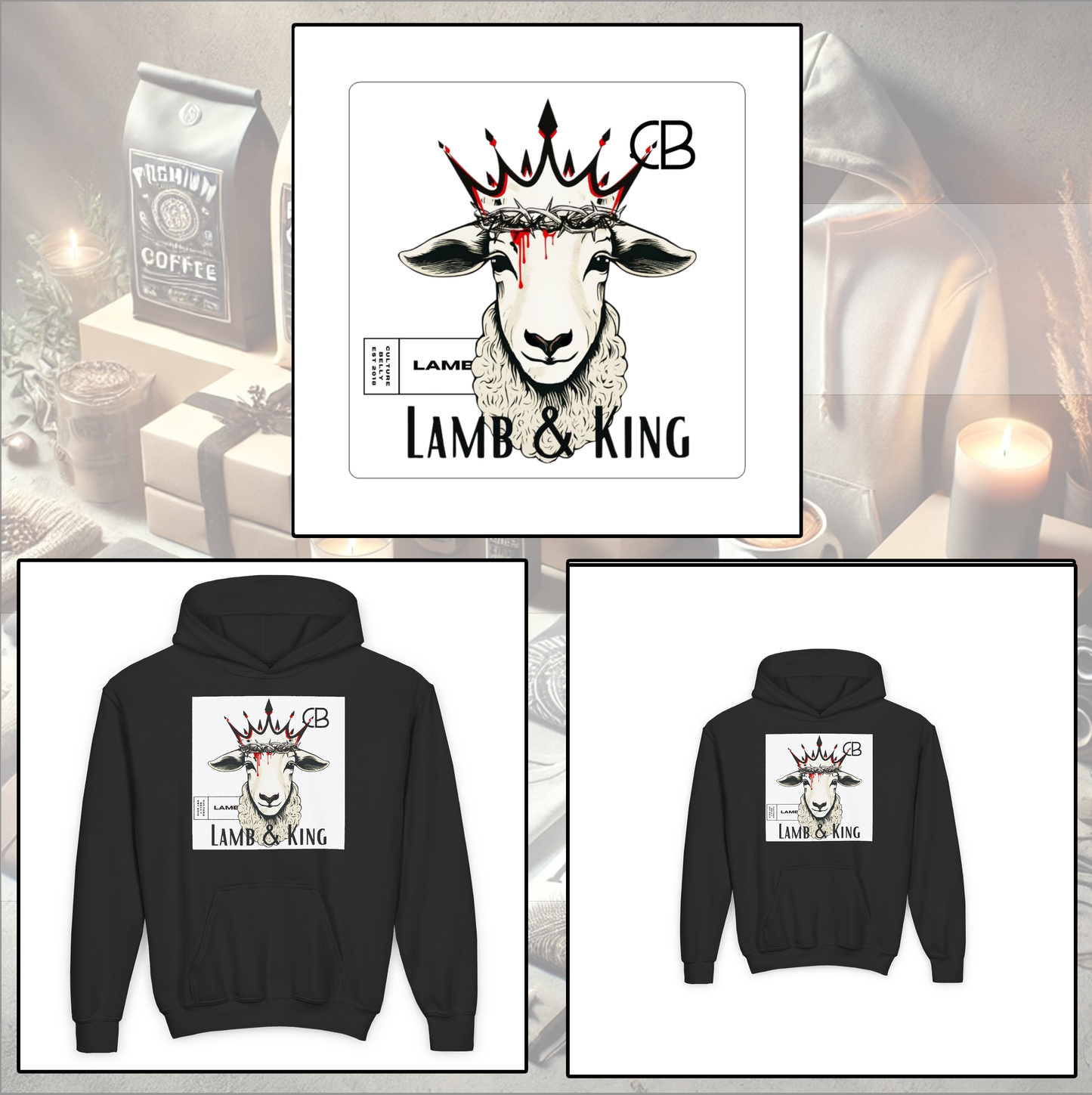 Father & Son Lamb & King Hoodie Bundle by Culture Belly – matching faith-inspired streetwear featuring a crowned lamb symbolizing sacrifice and kingship. Perfect for fathers and sons who embrace faith and style.