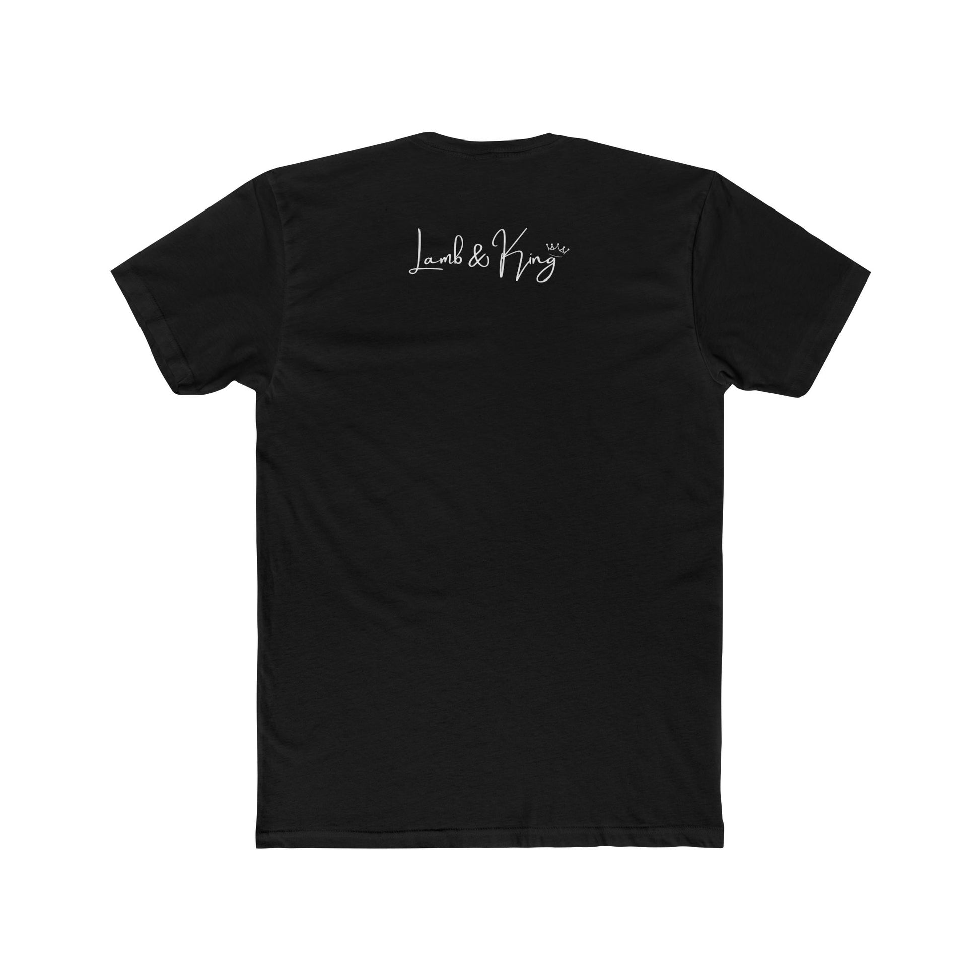 Solid Black In Prayer T-shirt shown from the back featuring the Lamb & King script logo centered below the collar.