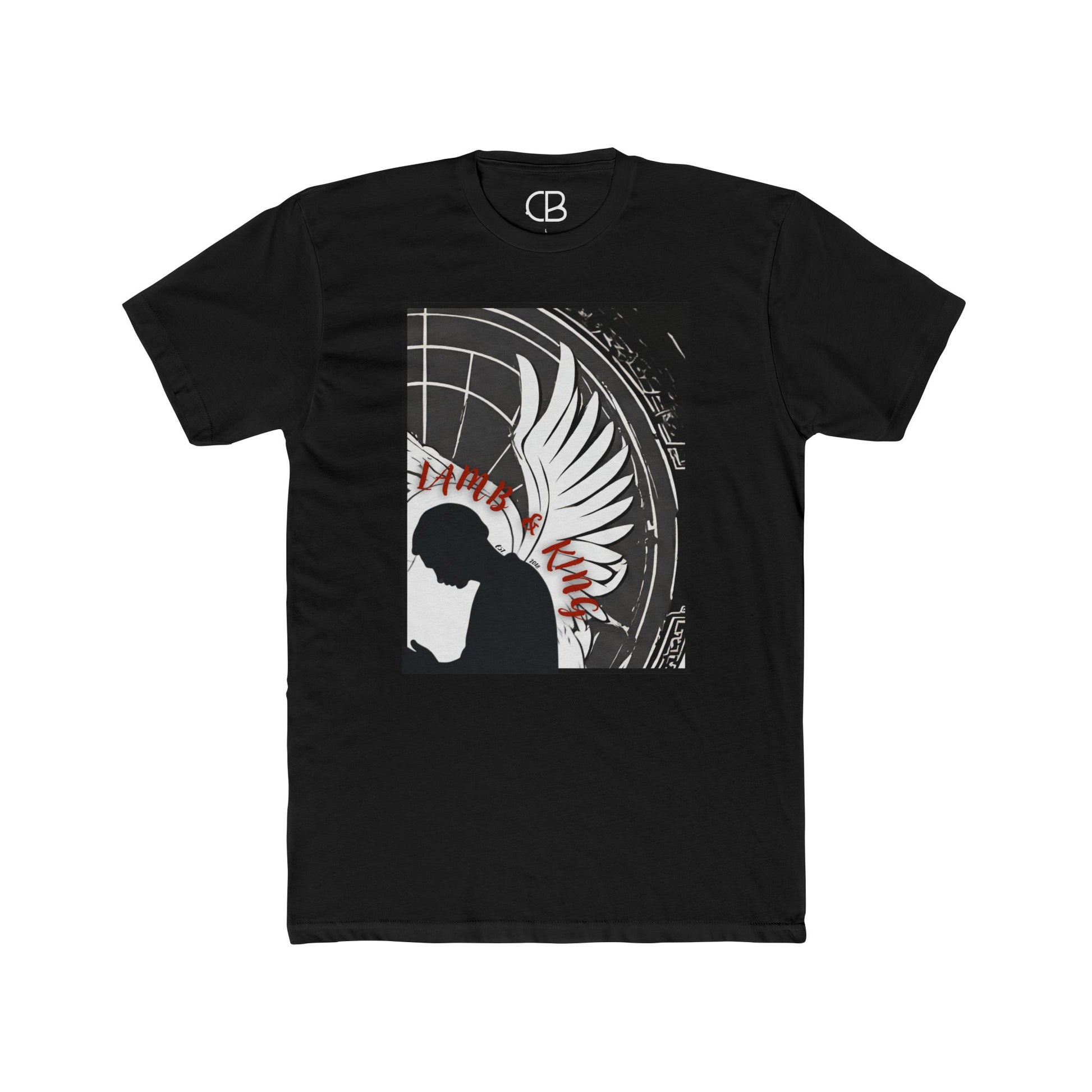 Solid Black In Prayer T-shirt featuring a kneeling figure with angel wings and bold monochrome artwork accented with red lettering on the front.