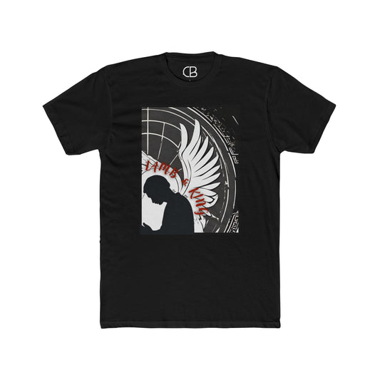 Solid Black In Prayer T-shirt featuring a kneeling figure with angel wings and bold monochrome artwork accented with red lettering on the front.