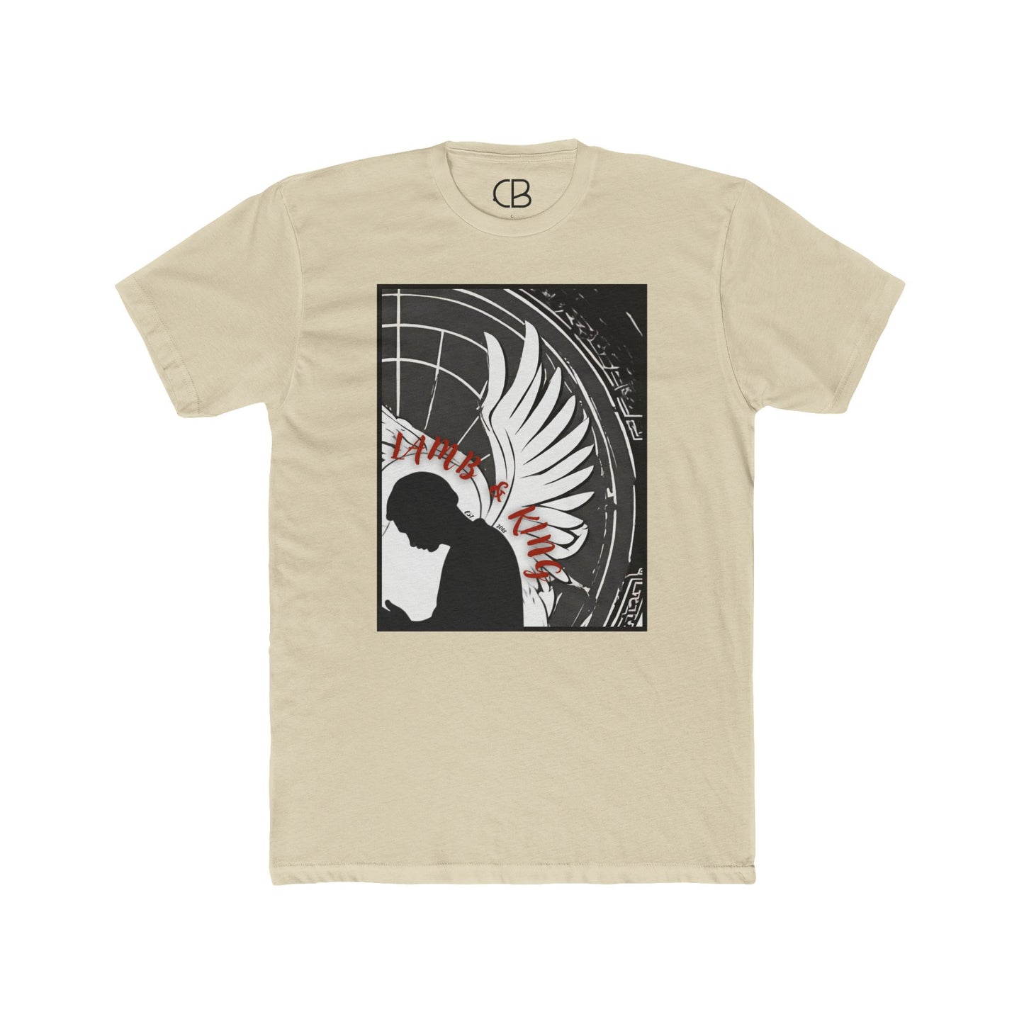 Solid Cream In Prayer T-shirt featuring a kneeling figure with angel wings and bold monochrome artwork accented with red lettering on the front.
