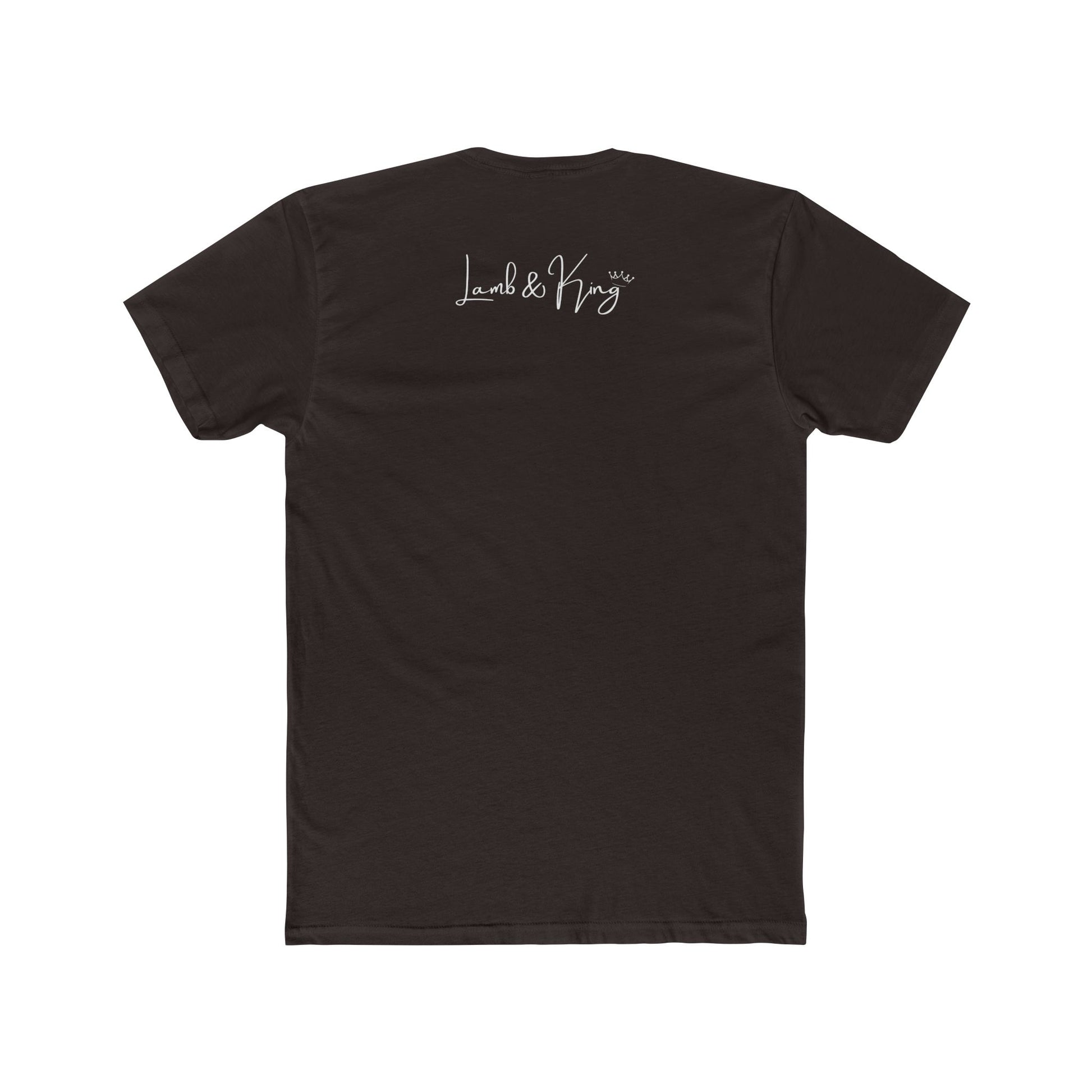 Solid Dark Chocolate In Prayer T-shirt shown from the back featuring the Lamb & King script logo centered below the collar.