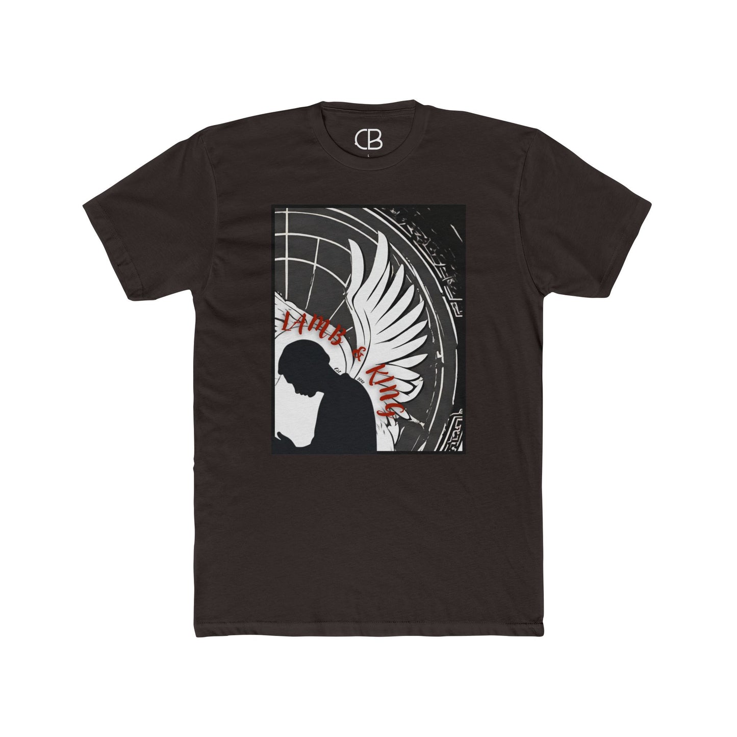 Solid Dark Chocolate In Prayer T-shirt featuring a kneeling figure with angel wings and bold monochrome artwork accented with red lettering on the front.