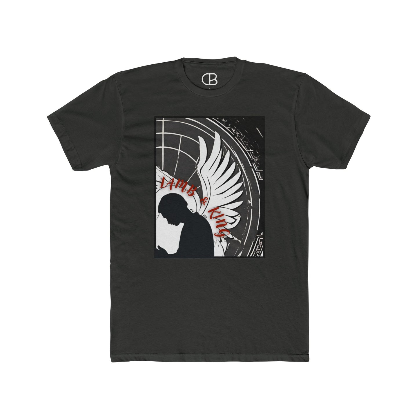 Solid Heavy Metal In Prayer T-shirt featuring a kneeling figure with angel wings and bold monochrome artwork accented with red lettering on the front.