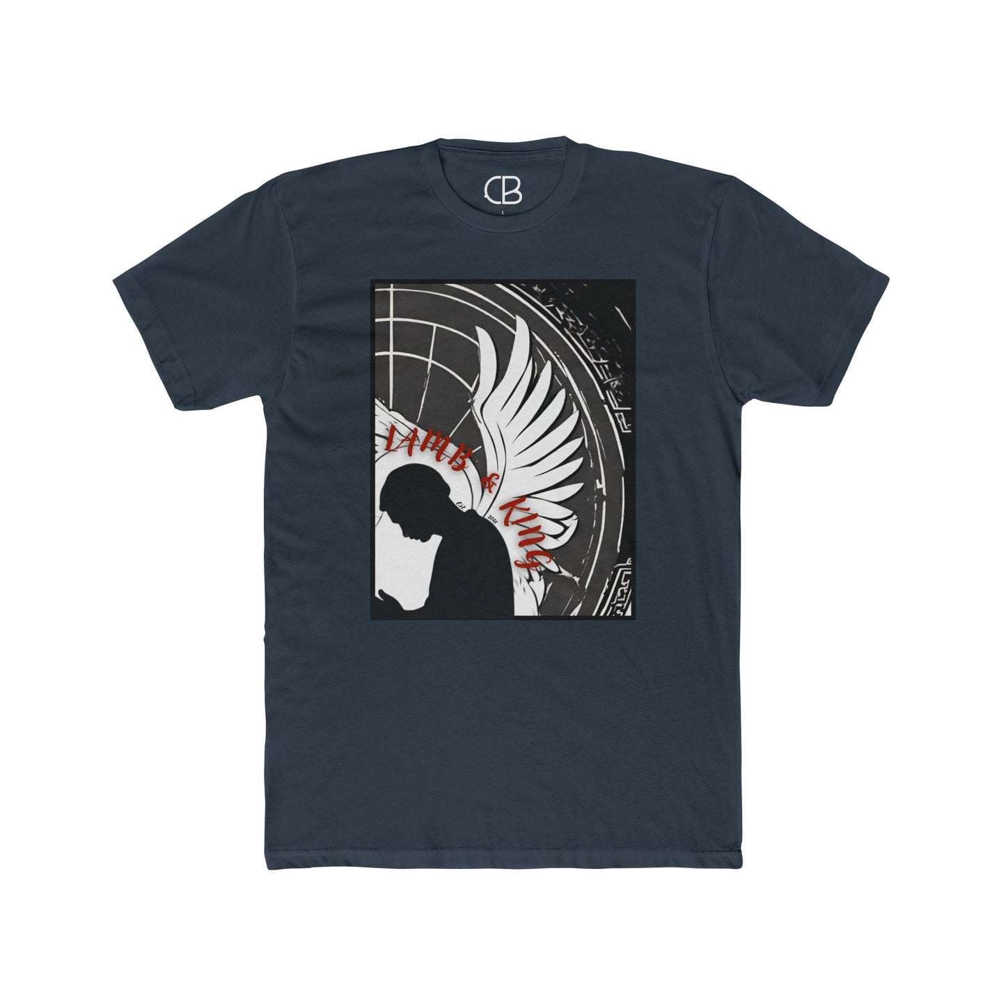Solid Indigo In Prayer T-shirt featuring a kneeling figure with angel wings and bold monochrome artwork accented with red lettering on the front.