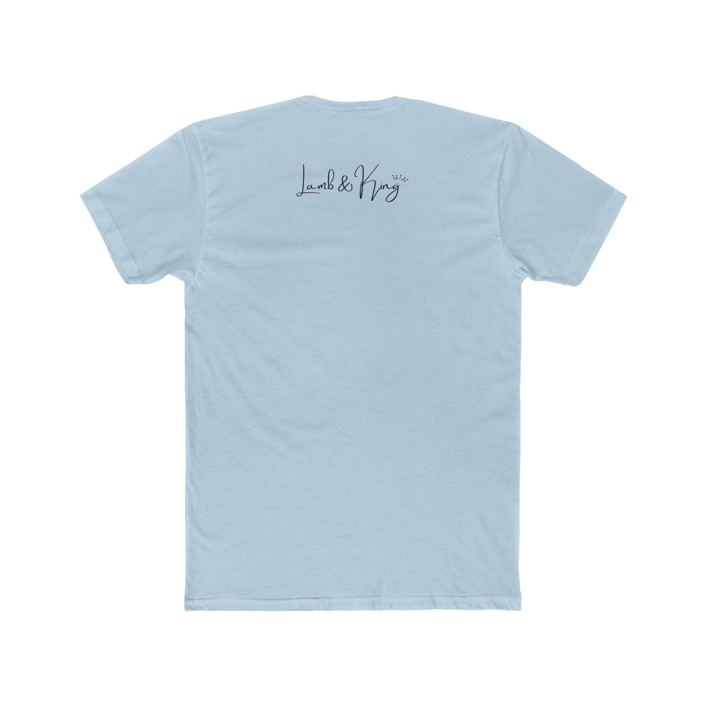 Solid Light Blue In Prayer T-shirt shown from the back featuring the Lamb & King script logo centered below the collar.