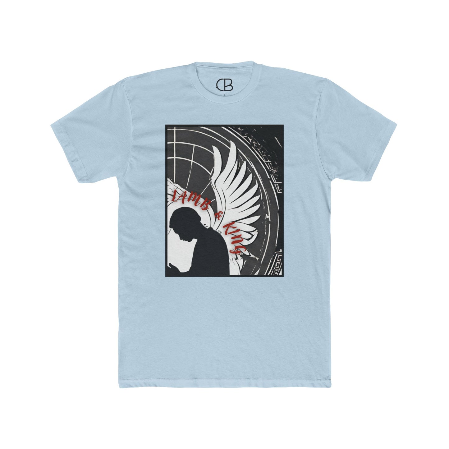 Solid Light Blue In Prayer T-shirt featuring a kneeling figure with angel wings and bold monochrome artwork accented with red lettering on the front.