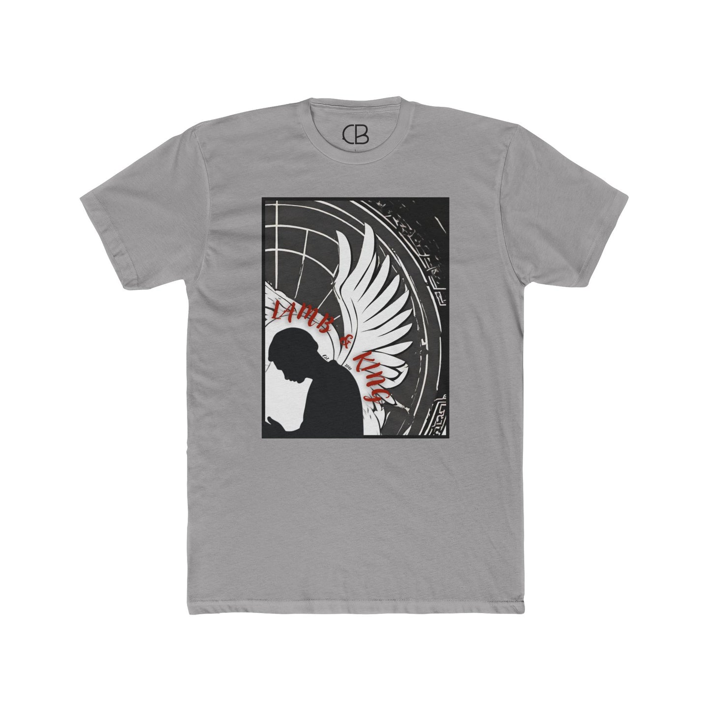 Solid Light Grey In Prayer T-shirt featuring a kneeling figure with angel wings and bold monochrome artwork accented with red lettering on the front.