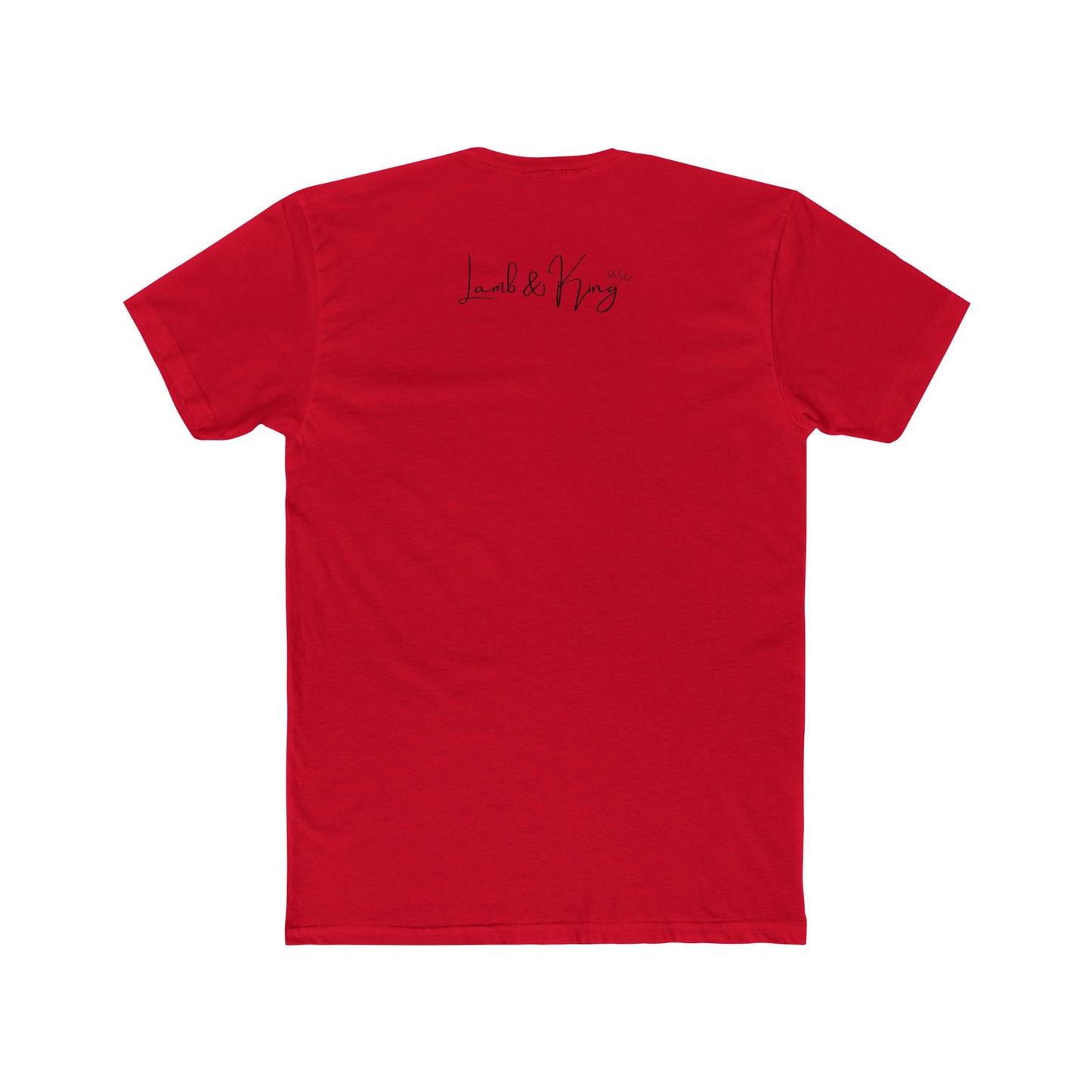 Solid Red In Prayer T-shirt shown from the back featuring the Lamb & King script logo centered below the collar.