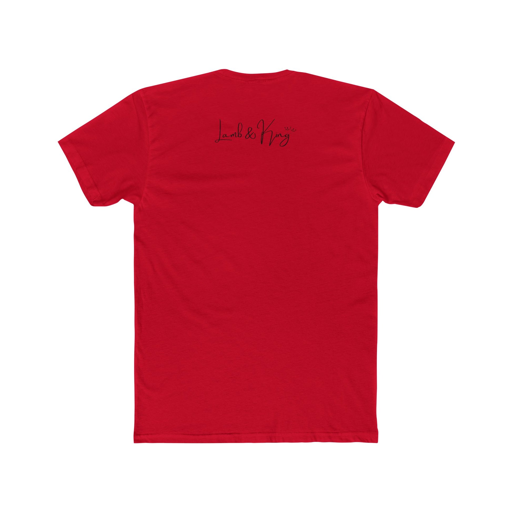 Solid Red In Prayer T-shirt shown from the back featuring the Lamb & King script logo centered below the collar.
