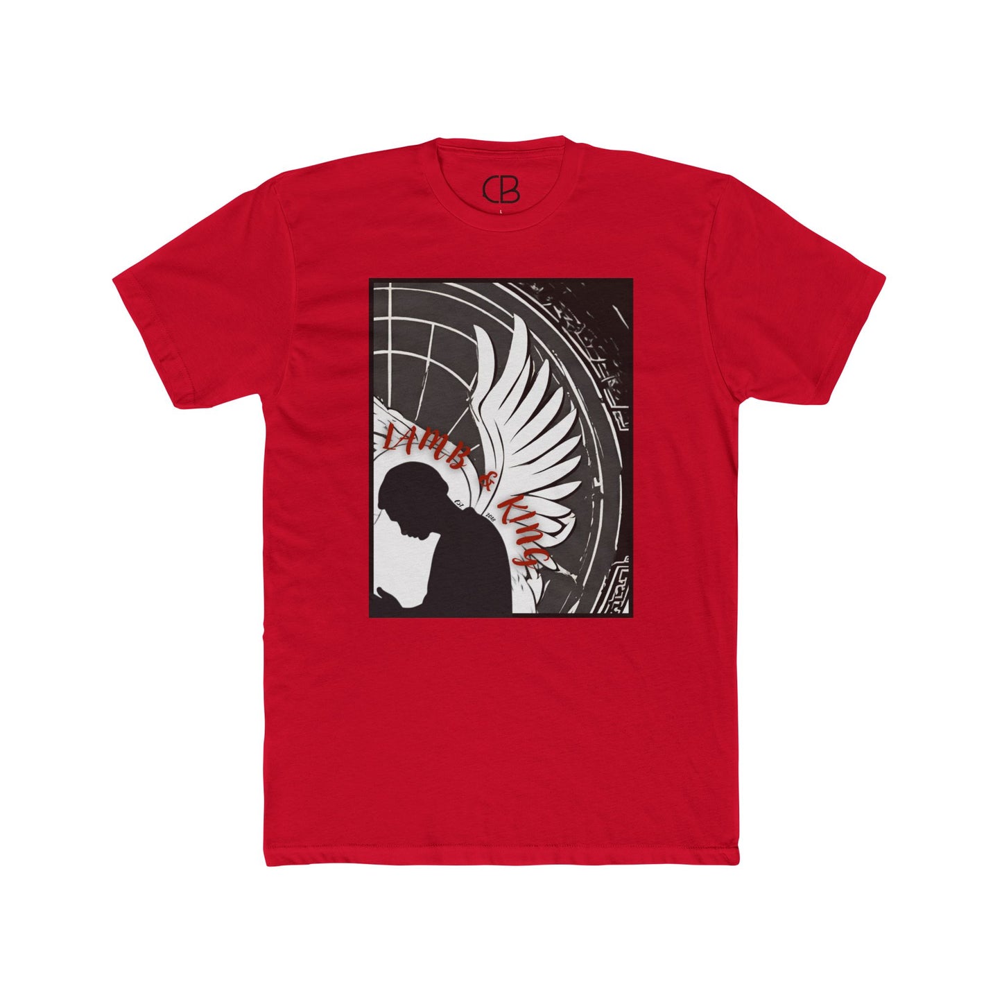 Solid Red In Prayer T-shirt featuring a kneeling figure with angel wings and bold monochrome artwork accented with red lettering on the front.