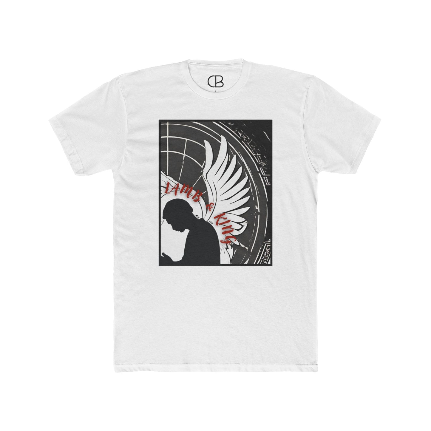 Solid White In Prayer T-shirt featuring a kneeling figure with angel wings and bold monochrome artwork accented with red lettering on the front.