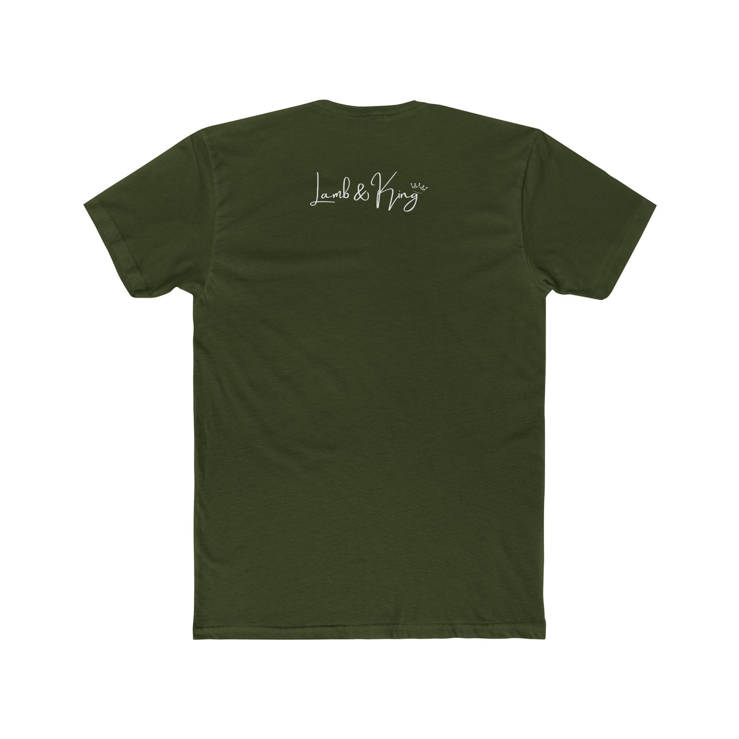 Military Green Lamb & King NYC T-shirt shown from the back featuring the Lamb & King script logo centered below the collar.