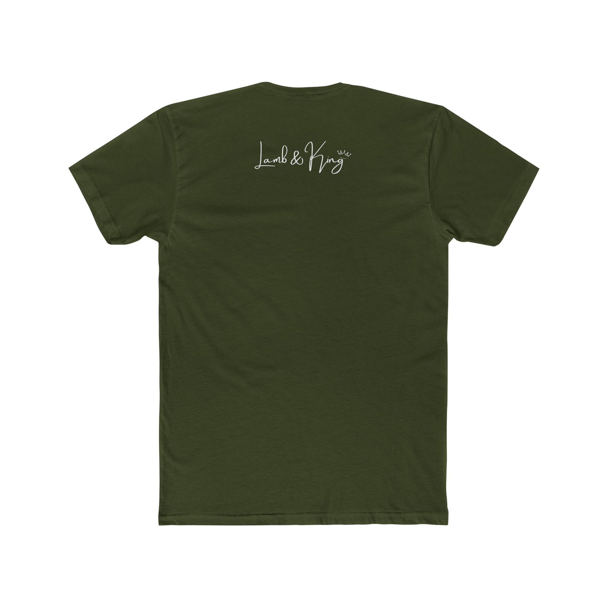 Military Green Lamb & King NYC T-shirt shown from the back featuring the Lamb & King script logo centered below the collar.