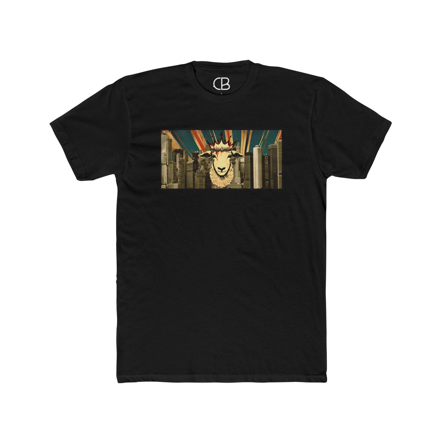 Solid Black Lamb & King NYC T-shirt featuring a crowned lamb with a crown of thorns against a New York City skyline graphic on the front.