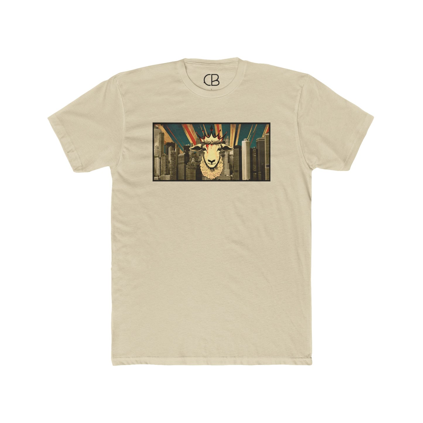 Solid Cream Lamb & King NYC T-shirt featuring a crowned lamb with a crown of thorns against a New York City skyline graphic on the front.