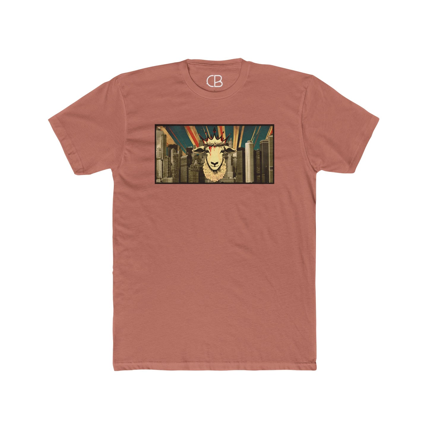 Solid Desert Pink Lamb & King NYC T-shirt featuring a crowned lamb with a crown of thorns against a New York City skyline graphic on the front.