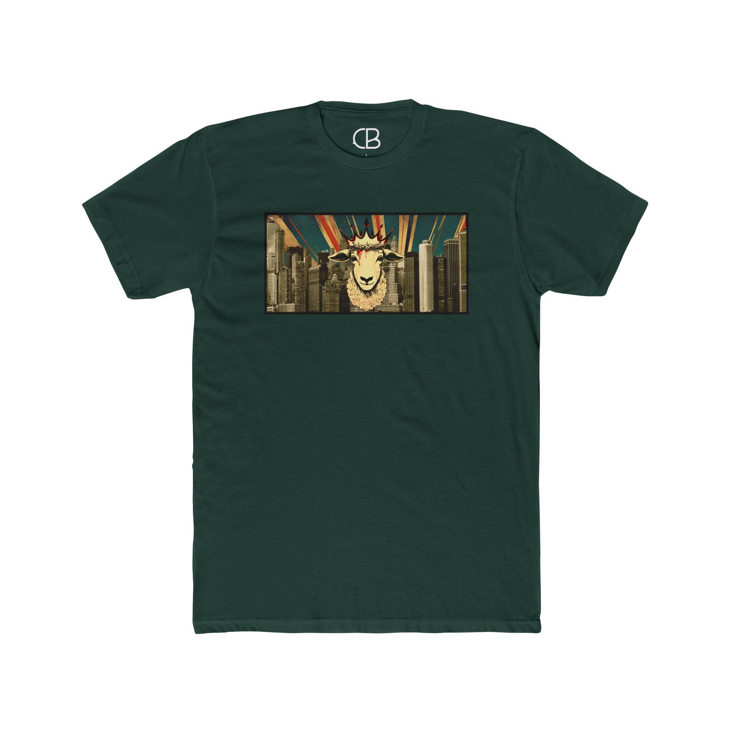 Solid Forest Green Lamb & King NYC T-shirt featuring a crowned lamb with a crown of thorns against a New York City skyline graphic on the front.