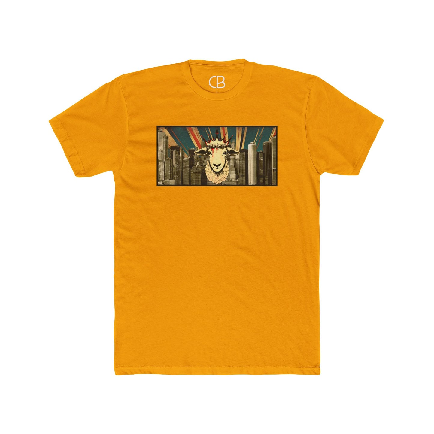 Solid Gold Lamb & King NYC T-shirt featuring a crowned lamb with a crown of thorns against a New York City skyline graphic on the front.