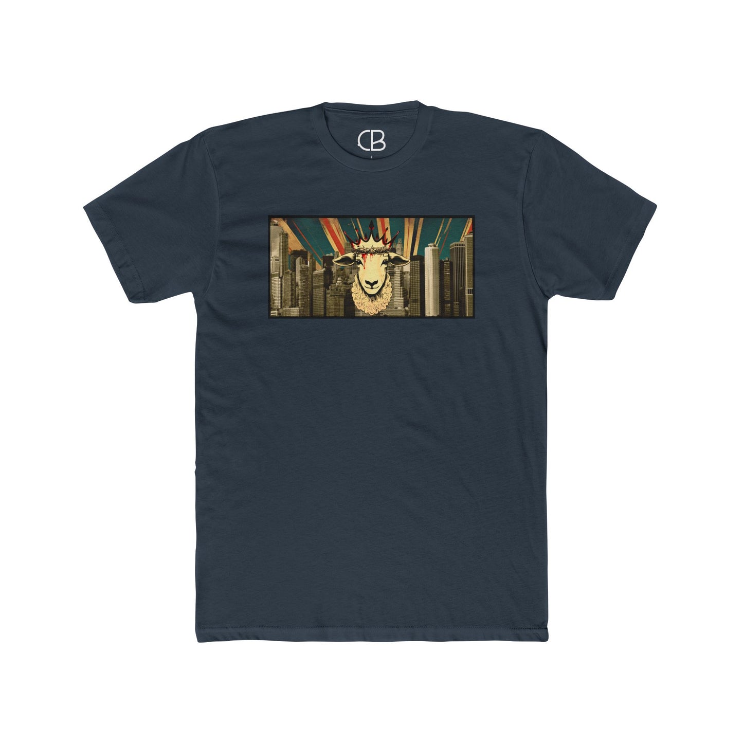 Solid Indigo Lamb & King NYC T-shirt featuring a crowned lamb with a crown of thorns against a New York City skyline graphic on the front.