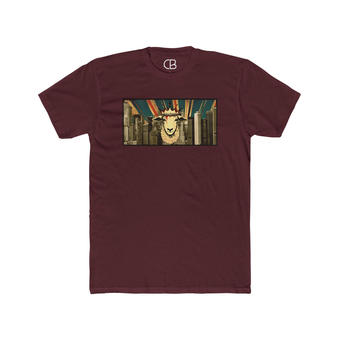 Solid Maroon Lamb & King NYC T-shirt featuring a crowned lamb with a crown of thorns against a New York City skyline graphic on the front.