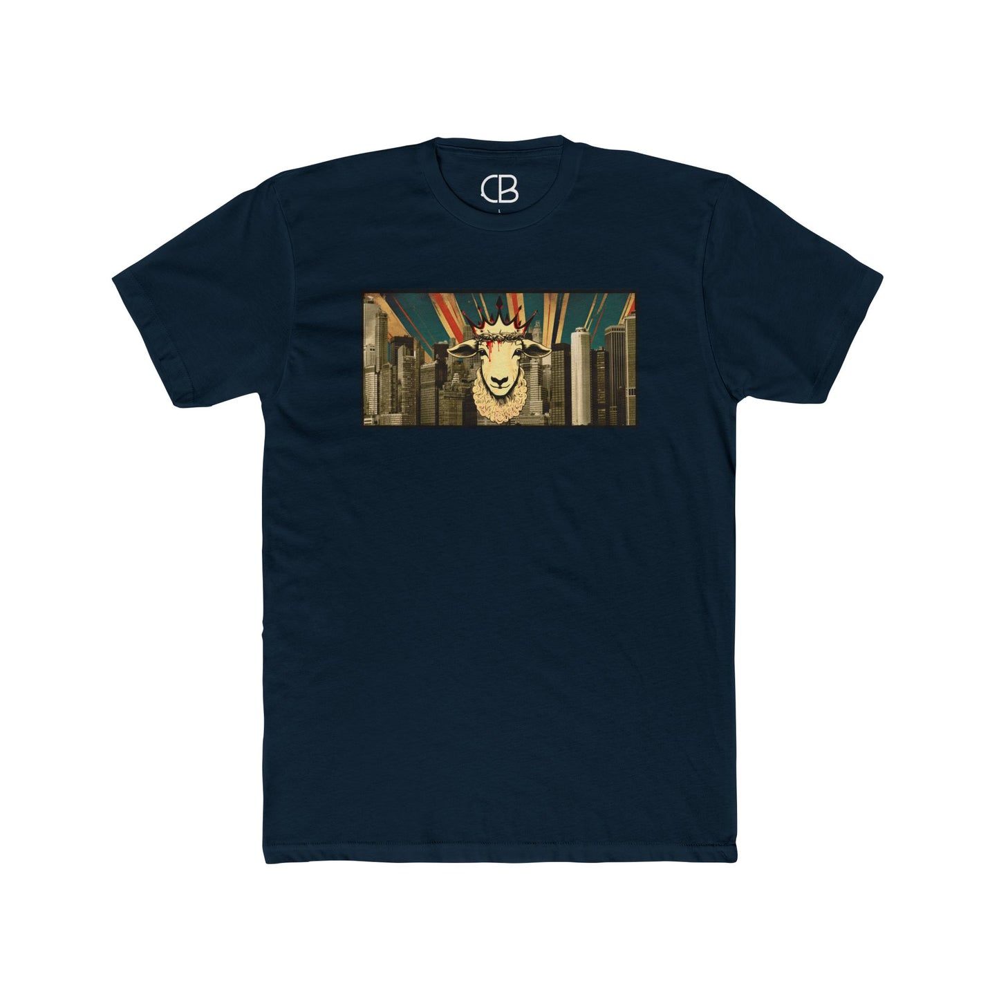 Solid Midnight Navy Lamb & King NYC T-shirt featuring a crowned lamb with a crown of thorns against a New York City skyline graphic on the front.