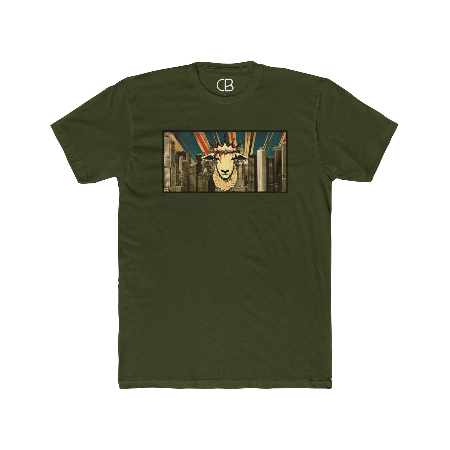 Solid Military Green Lamb & King NYC T-shirt featuring a crowned lamb with a crown of thorns against a New York City skyline graphic on the front.