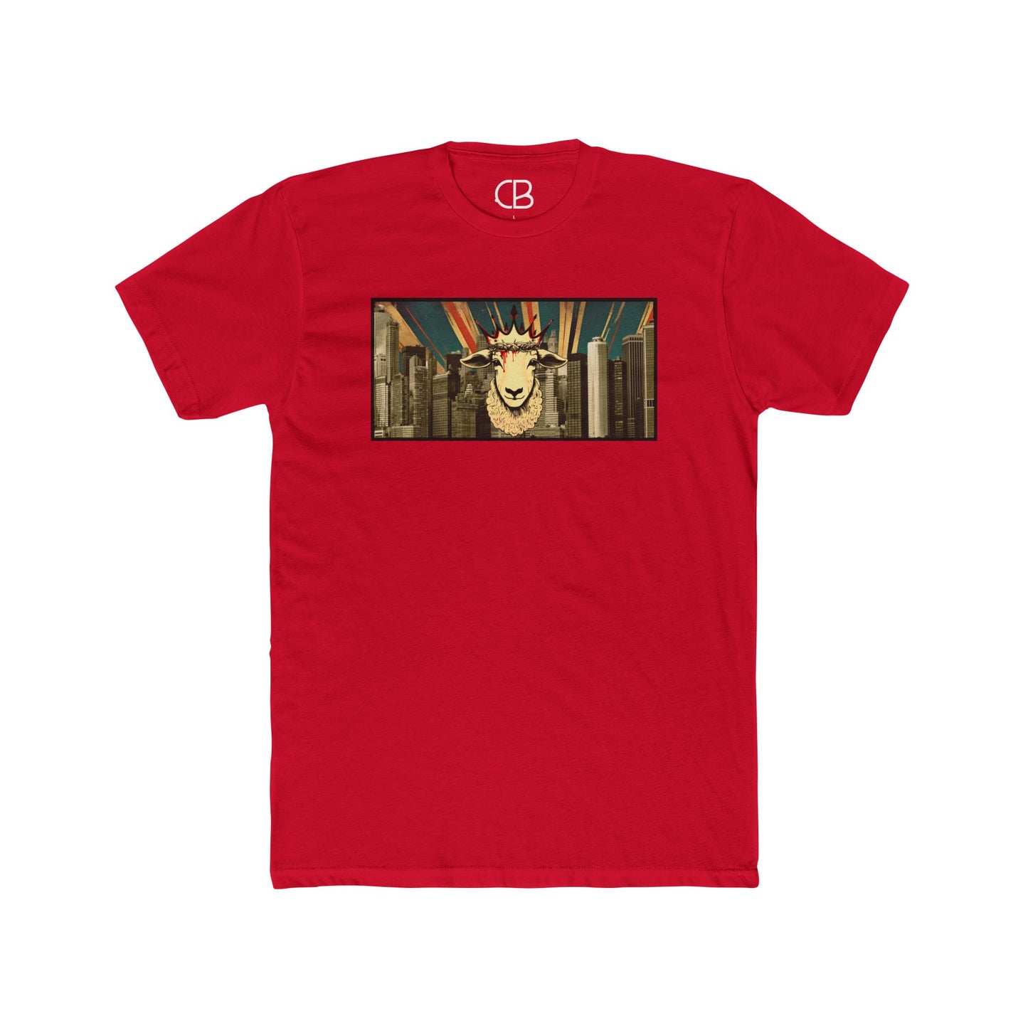 Solid Red Lamb & King NYC T-shirt featuring a crowned lamb with a crown of thorns against a New York City skyline graphic on the front.