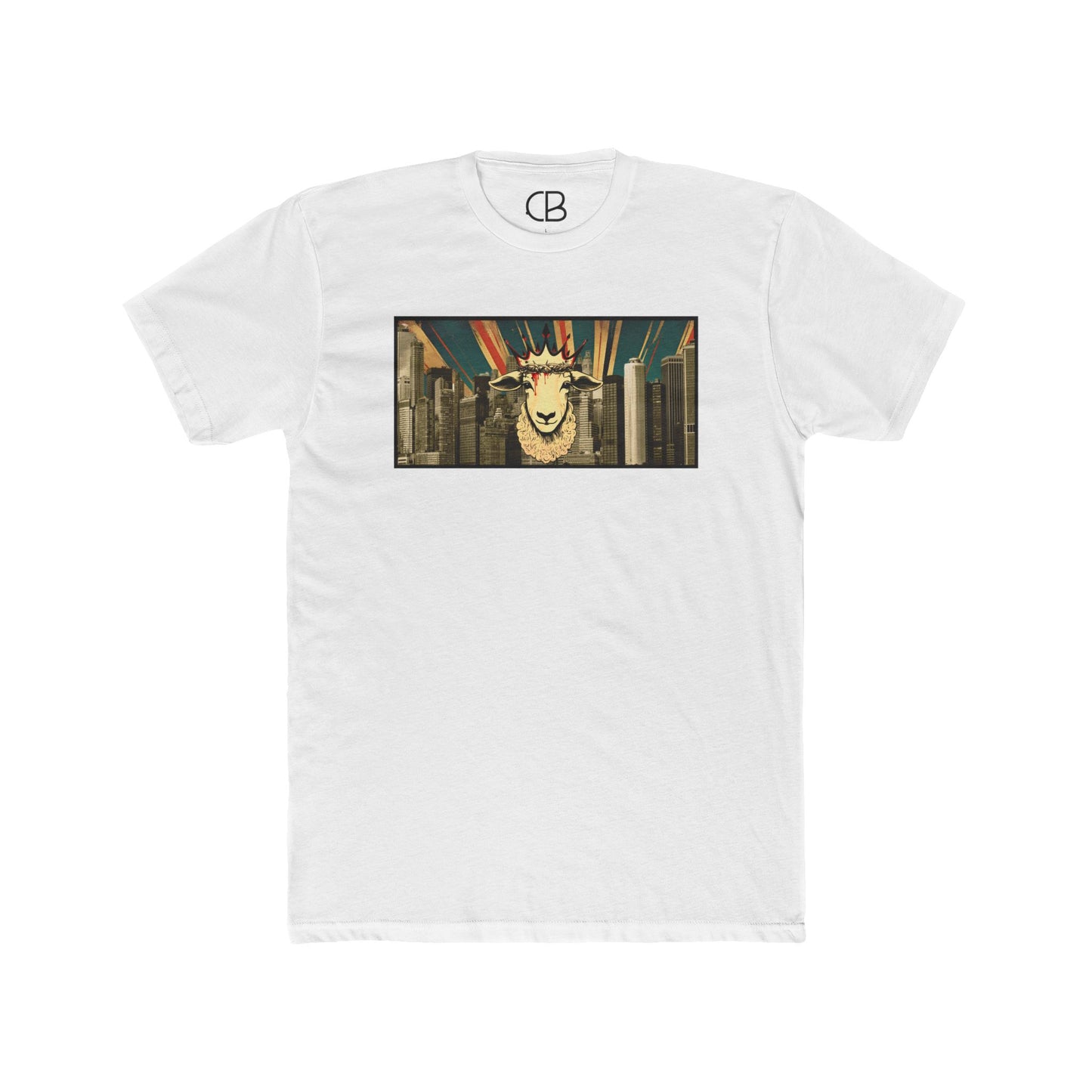 Solid White Lamb & King NYC T-shirt featuring a crowned lamb with a crown of thorns against a New York City skyline graphic on the front.