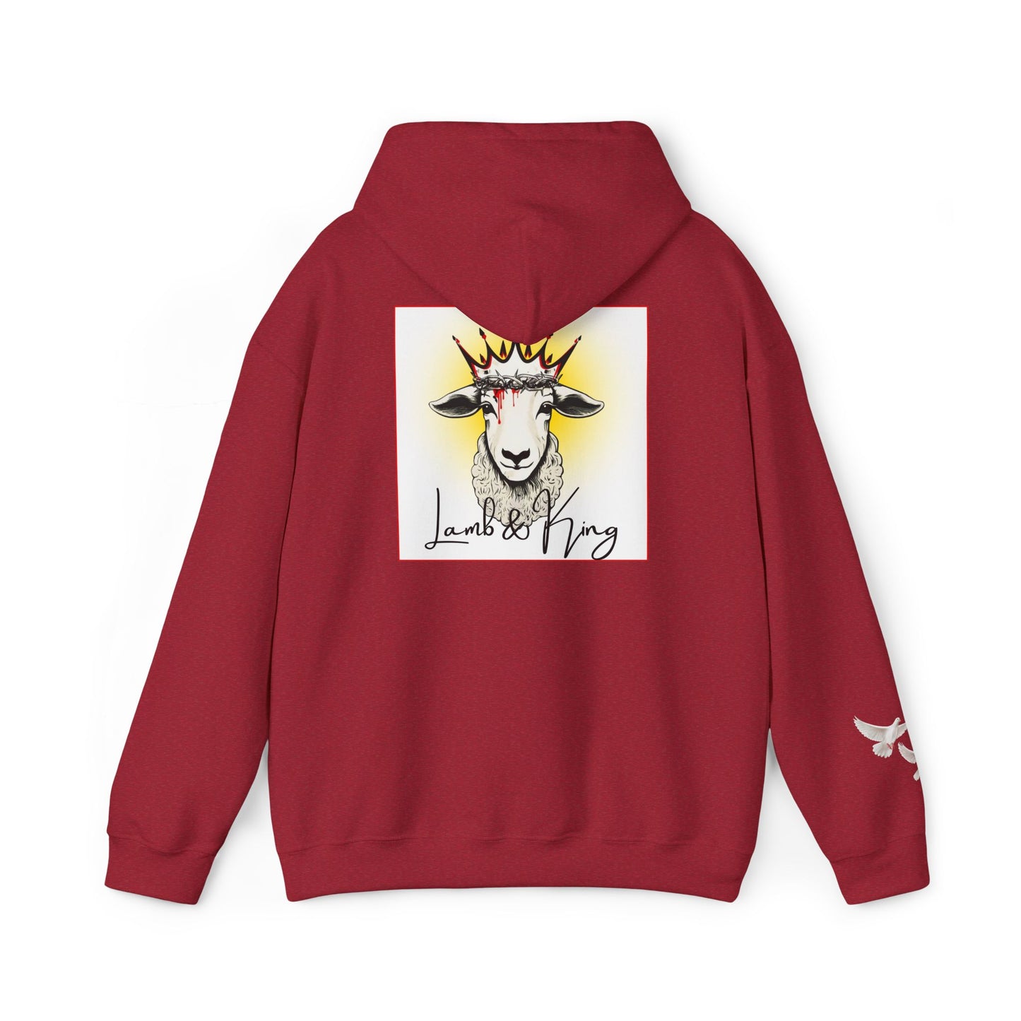 Antique Cherry Red Lamb & King pullover hoodie shown from the back featuring an illustrated crowned lamb with a crown of thorns, blood drops, and the Lamb & King logo centered on the back, with a small dove logo on the left sleeve.