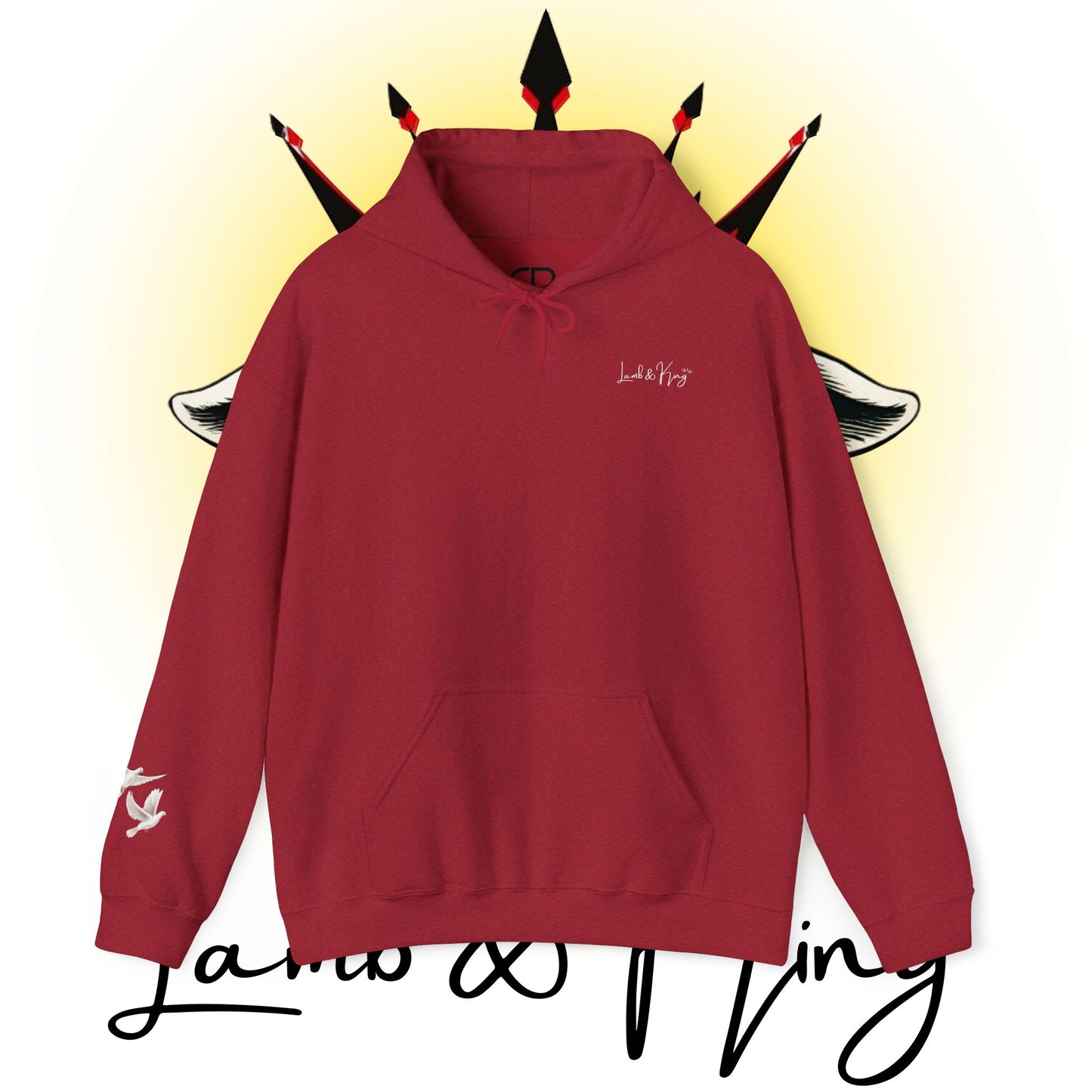 Antique Cherry Red Lamb & King pullover hoodie featuring a small Lamb & King script logo embroidered on the left chest and a small dove logo on the left sleeve.