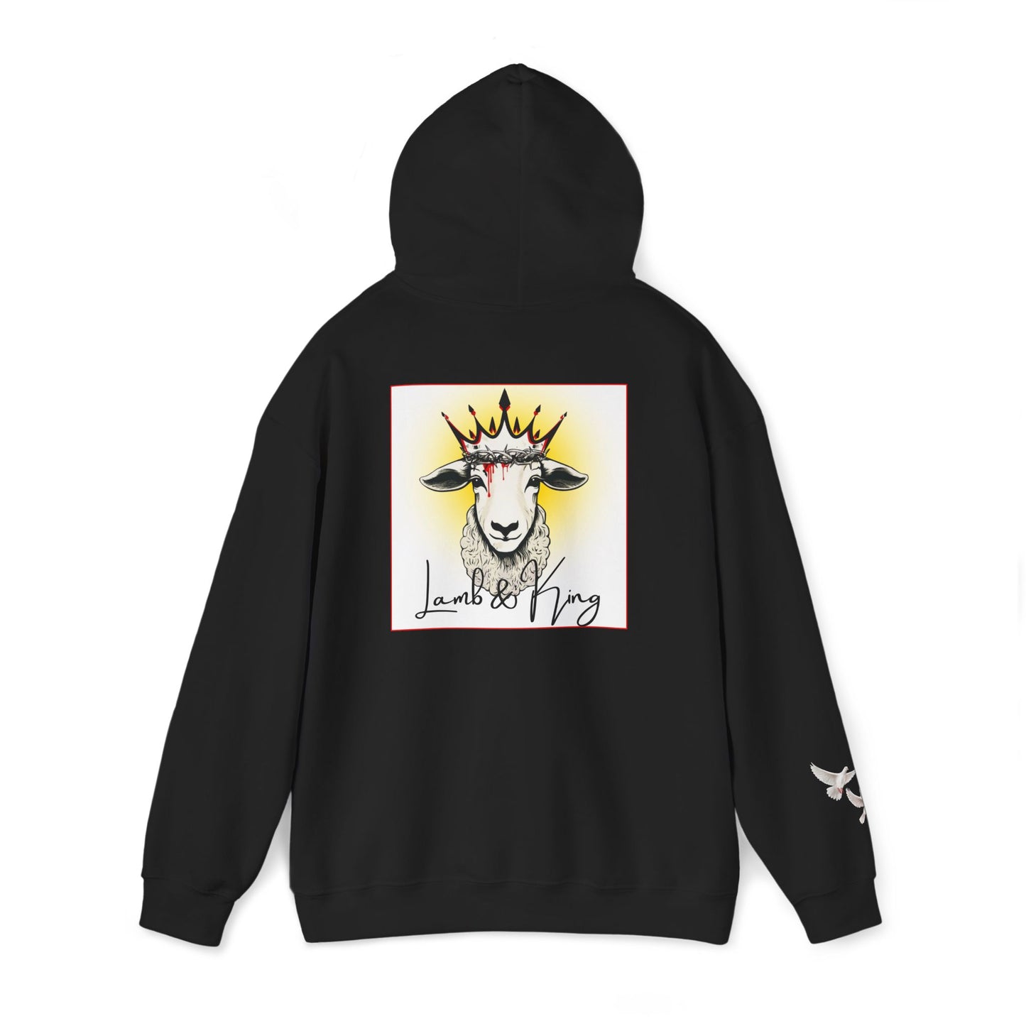 Black Lamb & King pullover hoodie shown from the back featuring an illustrated crowned lamb with a crown of thorns, blood drops, and the Lamb & King logo centered on the back, with a small dove logo on the left sleeve.
