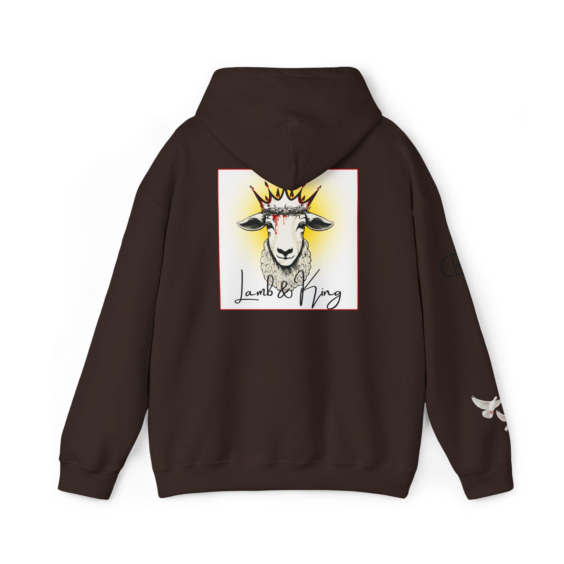 Dark Chocolate Lamb & King pullover hoodie shown from the back featuring an illustrated crowned lamb with a crown of thorns, blood drops, and the Lamb & King logo centered on the back, with a small dove logo on the left sleeve.