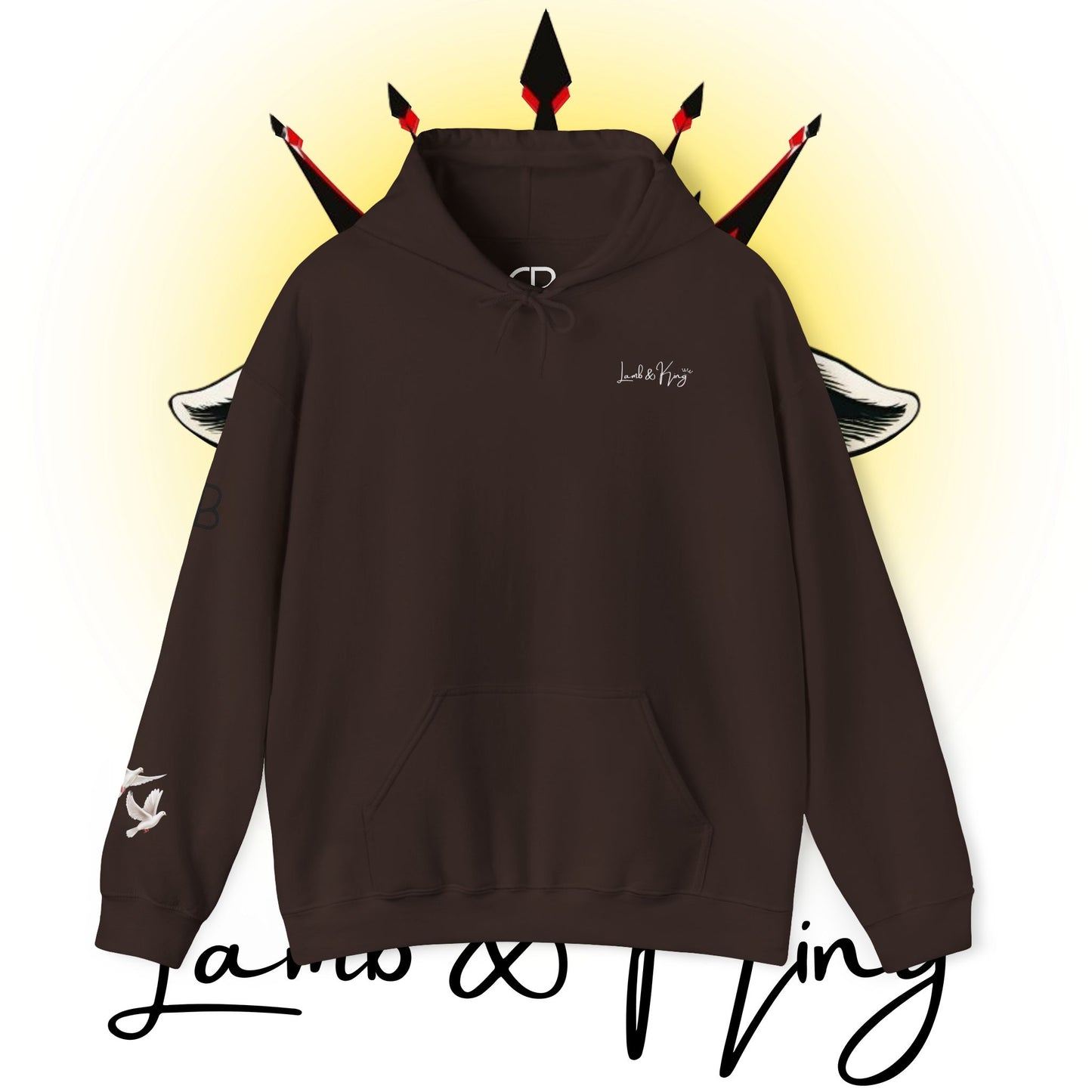 Dark Chocolate Lamb & King pullover hoodie featuring a small Lamb & King script logo embroidered on the left chest and a small dove logo on the left sleeve.