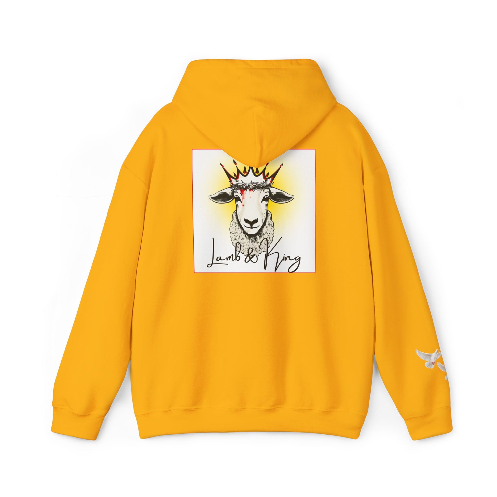 Gold Lamb & King pullover hoodie shown from the back featuring an illustrated crowned lamb with a crown of thorns, blood drops, and the Lamb & King logo centered on the back, with a small dove logo on the left sleeve.
