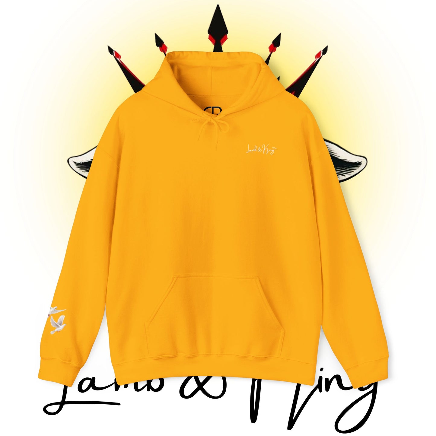 Gold Lamb & King pullover hoodie featuring a small Lamb & King script logo embroidered on the left chest and a small dove logo on the left sleeve.