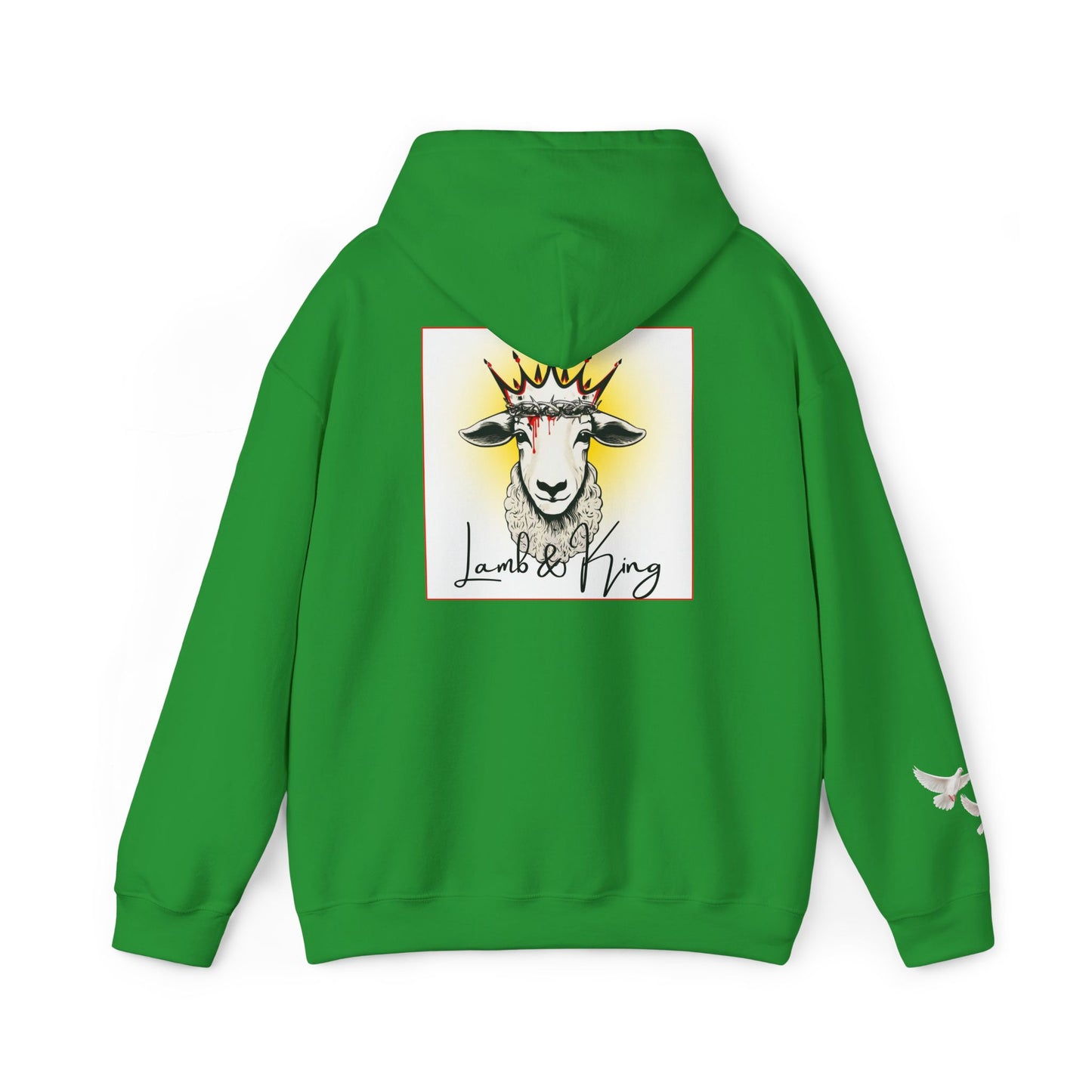 Irish Green Lamb & King pullover hoodie shown from the back featuring an illustrated crowned lamb with a crown of thorns, blood drops, and the Lamb & King logo centered on the back, with a small dove logo on the left sleeve.