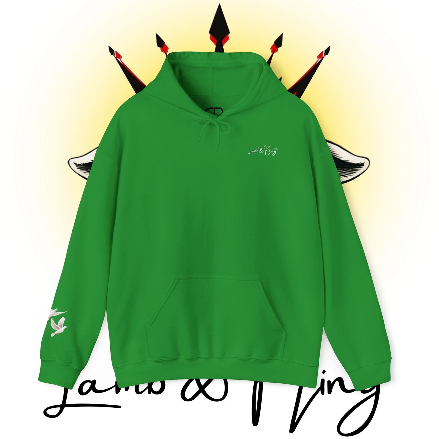 Irish Green Lamb & King pullover hoodie featuring a small Lamb & King script logo embroidered on the left chest and a small dove logo on the left sleeve.