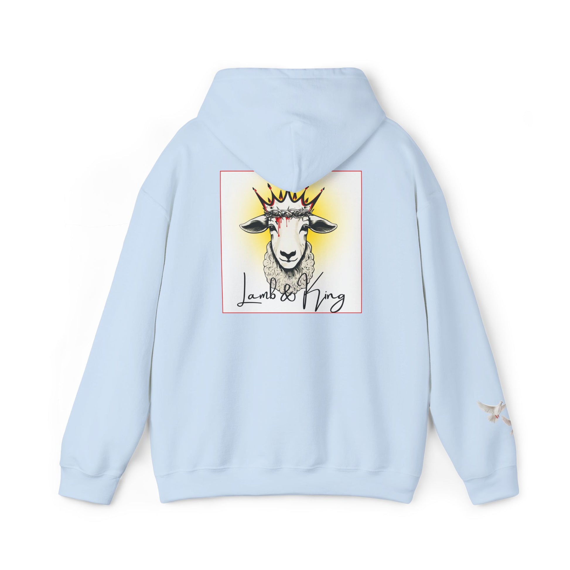 Light Blue Lamb & King pullover hoodie shown from the back featuring an illustrated crowned lamb with a crown of thorns, blood drops, and the Lamb & King logo centered on the back, with a small dove logo on the left sleeve.