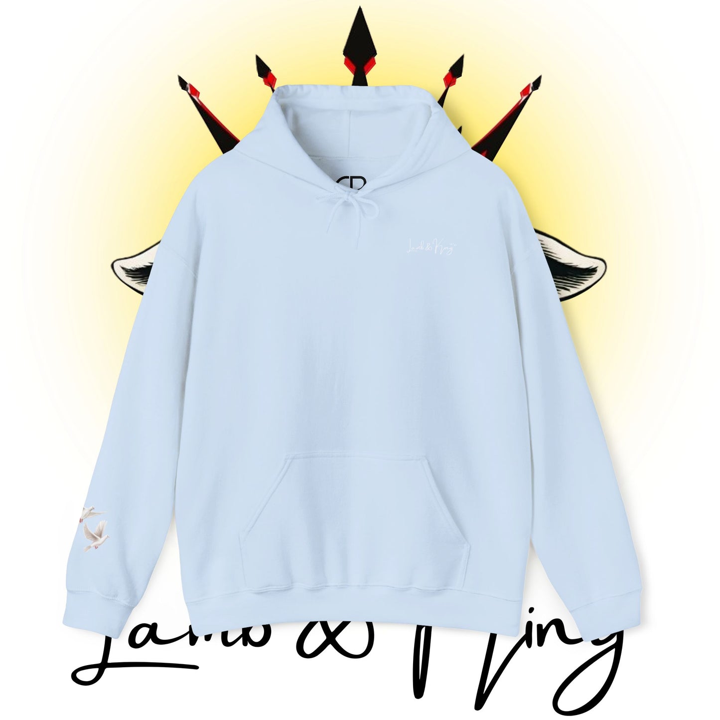 Light Blue Lamb & King pullover hoodie featuring a small Lamb & King script logo embroidered on the left chest and a small dove logo on the left sleeve.