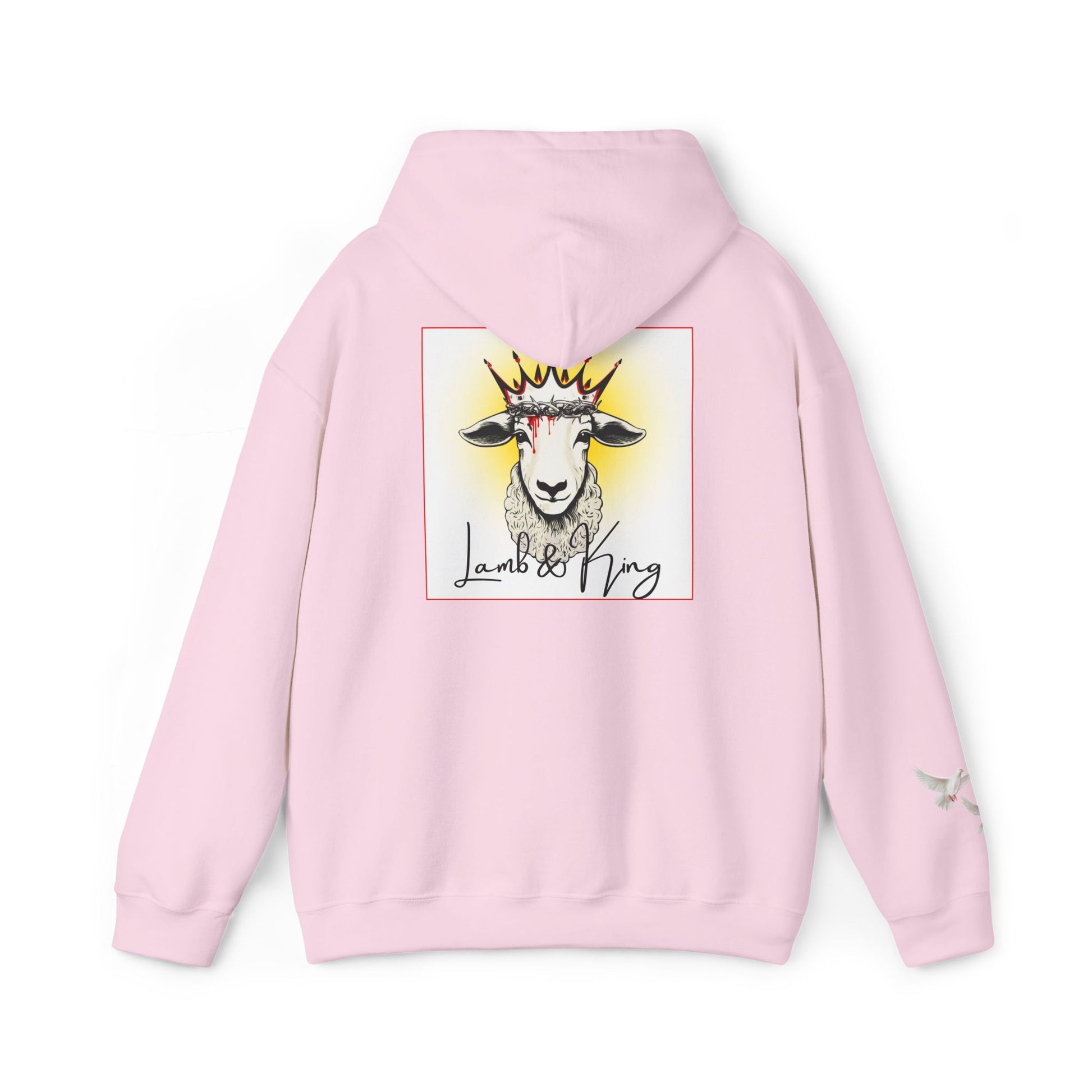 Light Pink Lamb & King pullover hoodie shown from the back featuring an illustrated crowned lamb with a crown of thorns, blood drops, and the Lamb & King logo centered on the back, with a small dove logo on the left sleeve.