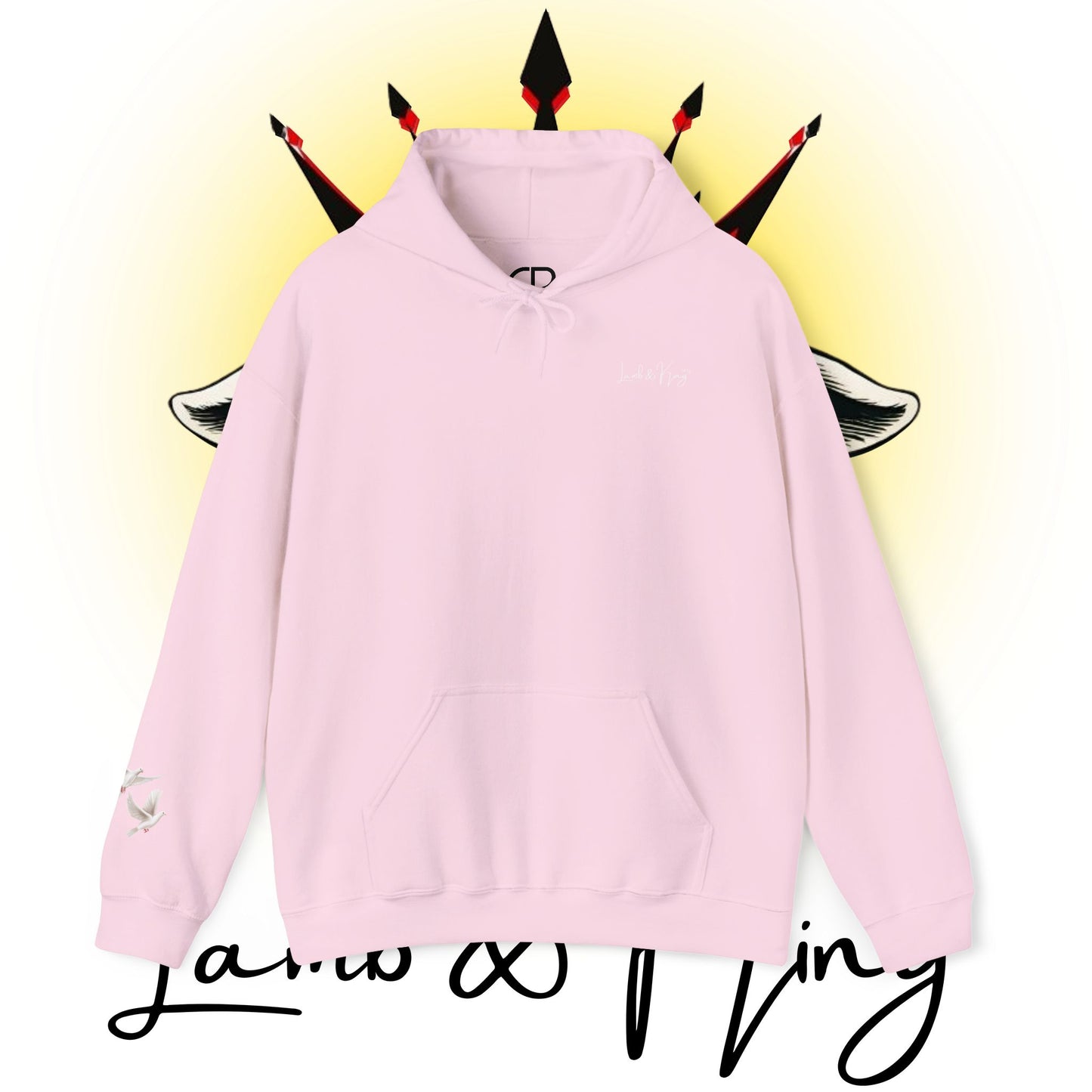 Light Pink Lamb & King pullover hoodie featuring a small Lamb & King script logo embroidered on the left chest and a small dove logo on the left sleeve.