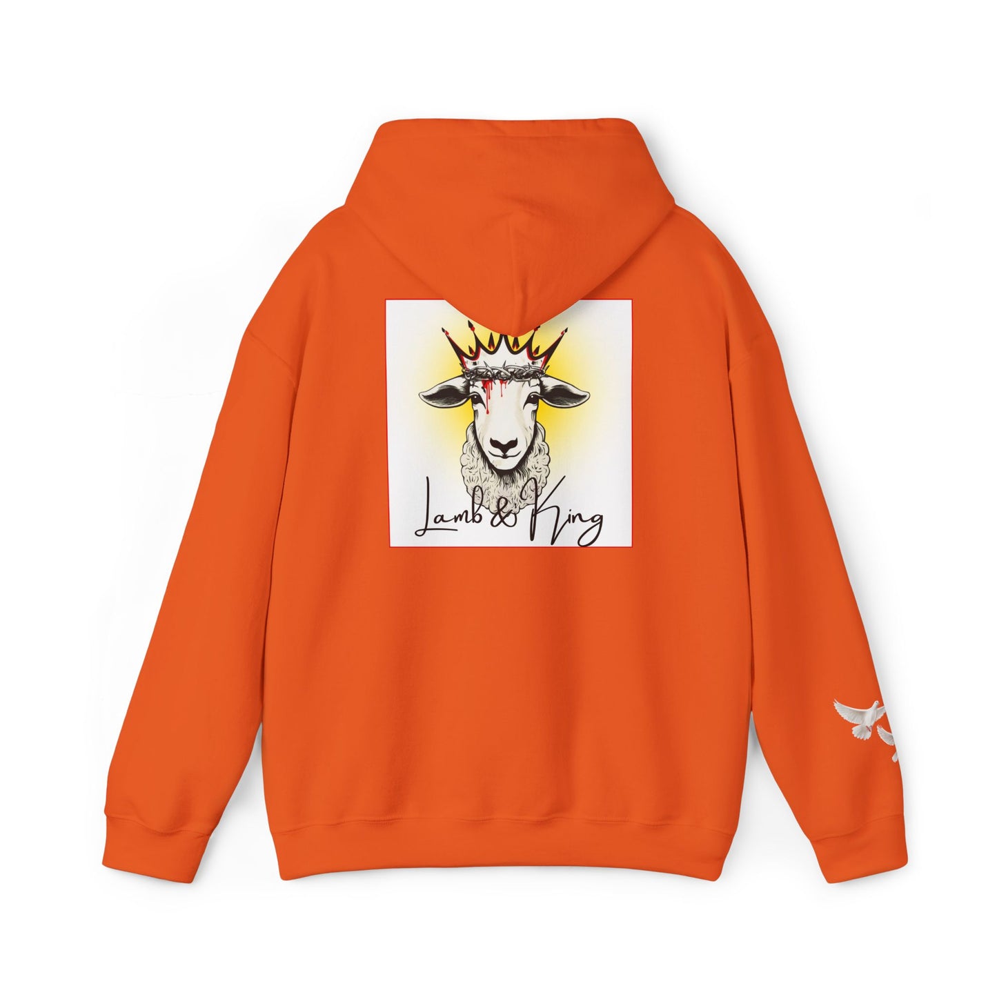 Orange Lamb & King pullover hoodie shown from the back featuring an illustrated crowned lamb with a crown of thorns, blood drops, and the Lamb & King logo centered on the back, with a small dove logo on the left sleeve.