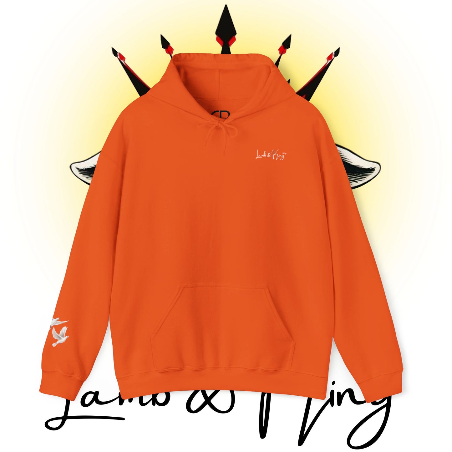 Orange Lamb & King pullover hoodie featuring a small Lamb & King script logo embroidered on the left chest and a small dove logo on the left sleeve.