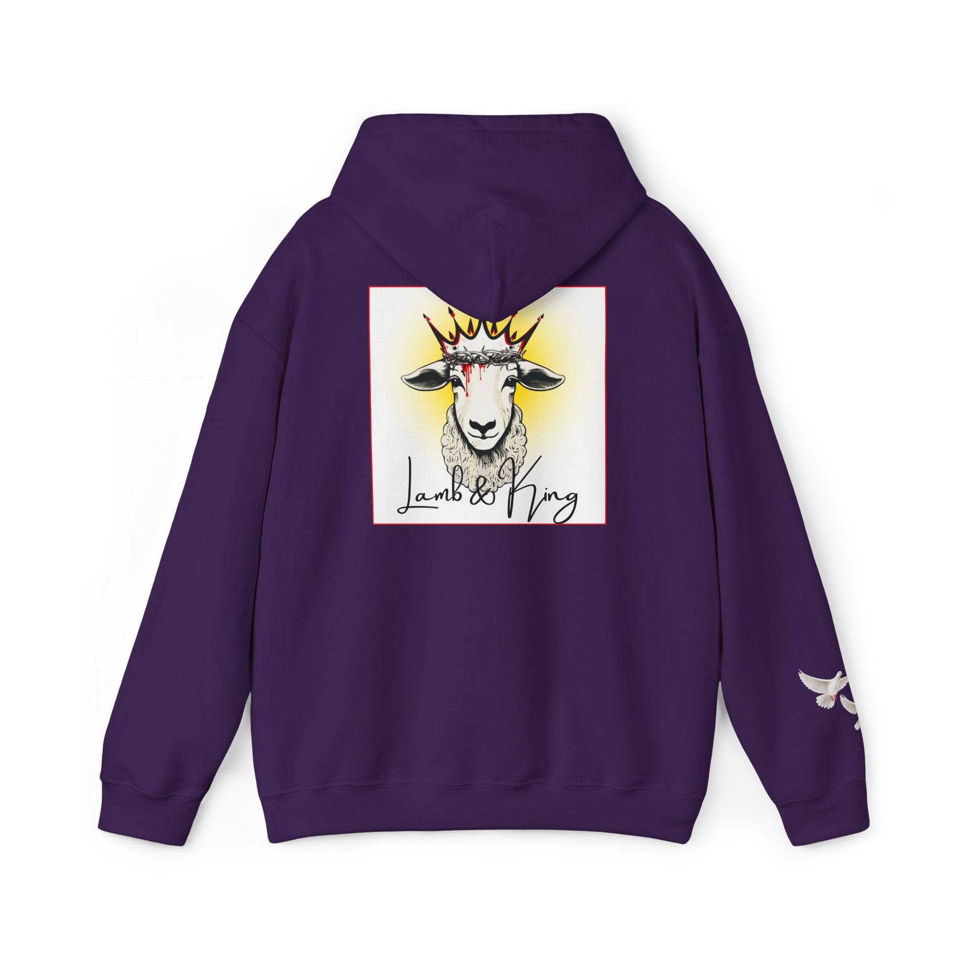 Purple Lamb & King pullover hoodie shown from the back featuring an illustrated crowned lamb with a crown of thorns, blood drops, and the Lamb & King logo centered on the back, with a small dove logo on the left sleeve.