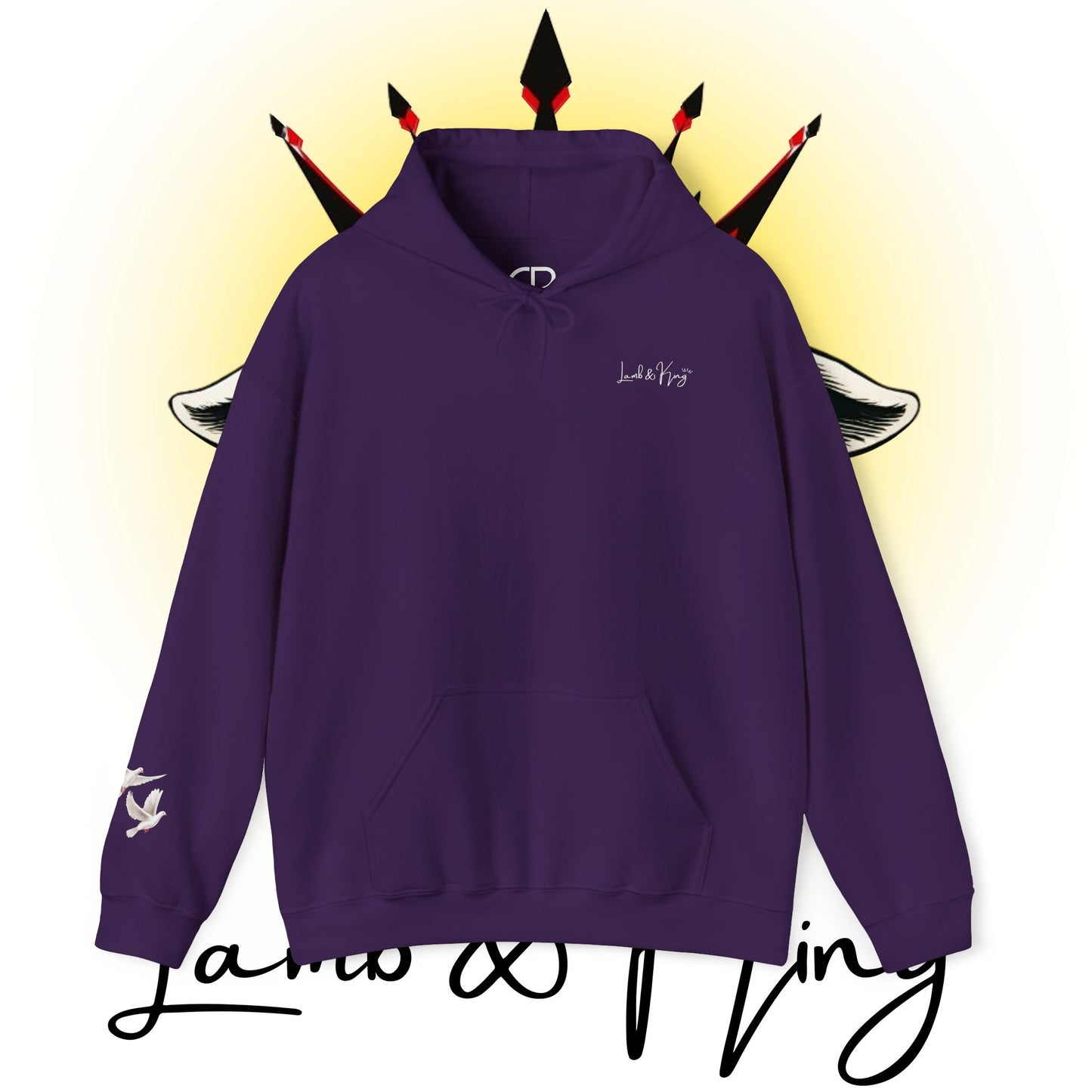 Purple Lamb & King pullover hoodie featuring a small Lamb & King script logo embroidered on the left chest and a small dove logo on the left sleeve.
