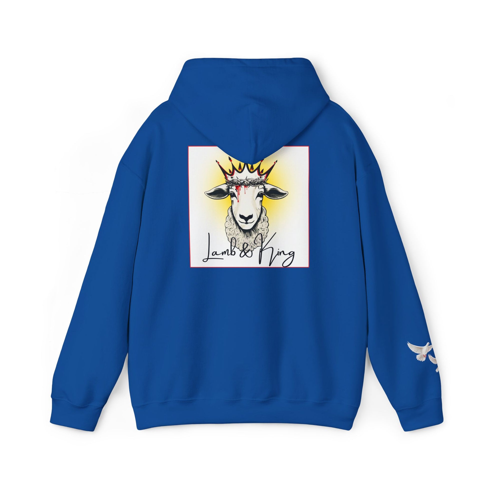 Royal Blue Lamb & King pullover hoodie shown from the back featuring an illustrated crowned lamb with a crown of thorns, blood drops, and the Lamb & King logo centered on the back, with a small dove logo on the left sleeve.