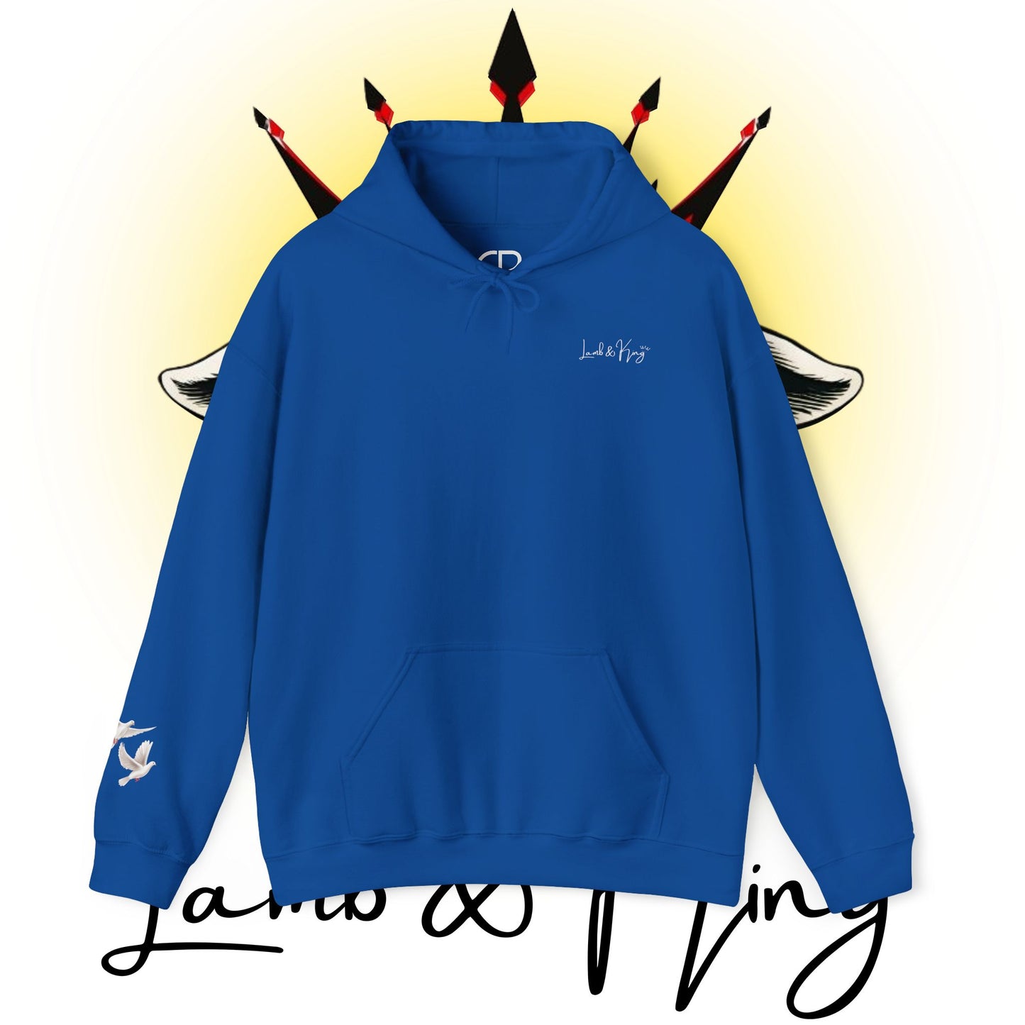 Royal blue Lamb & King pullover hoodie featuring a small Lamb & King script logo embroidered on the left chest and a small dove logo on the left sleeve.